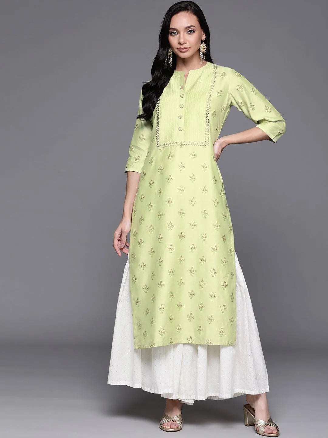 Green Printed Chanderi Silk Kurta - Libas