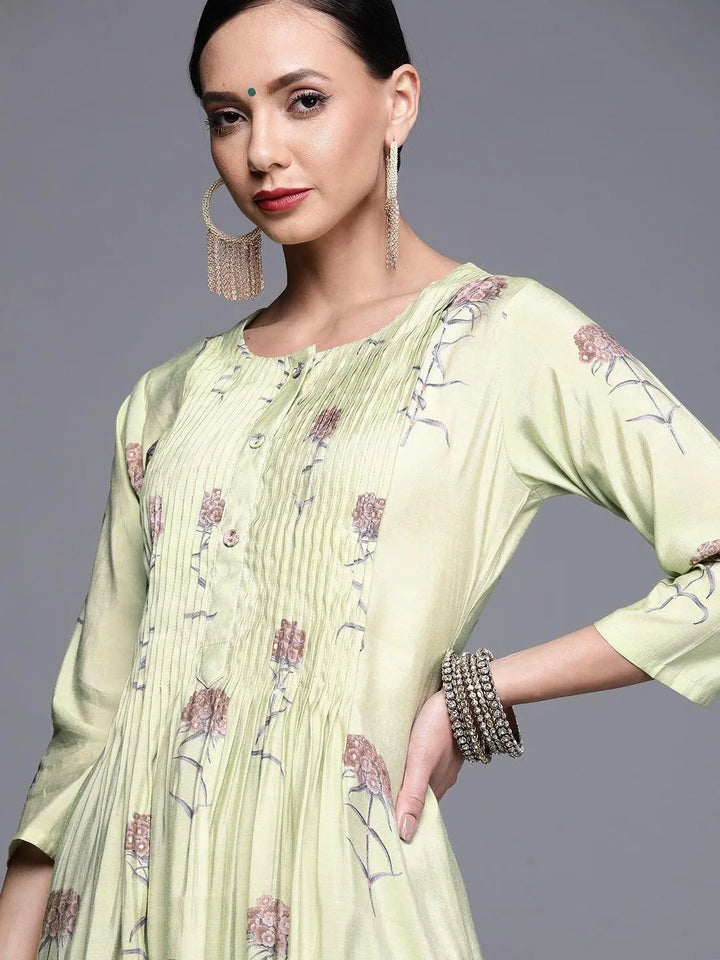 Green Printed Chanderi Silk Kurta - Libas