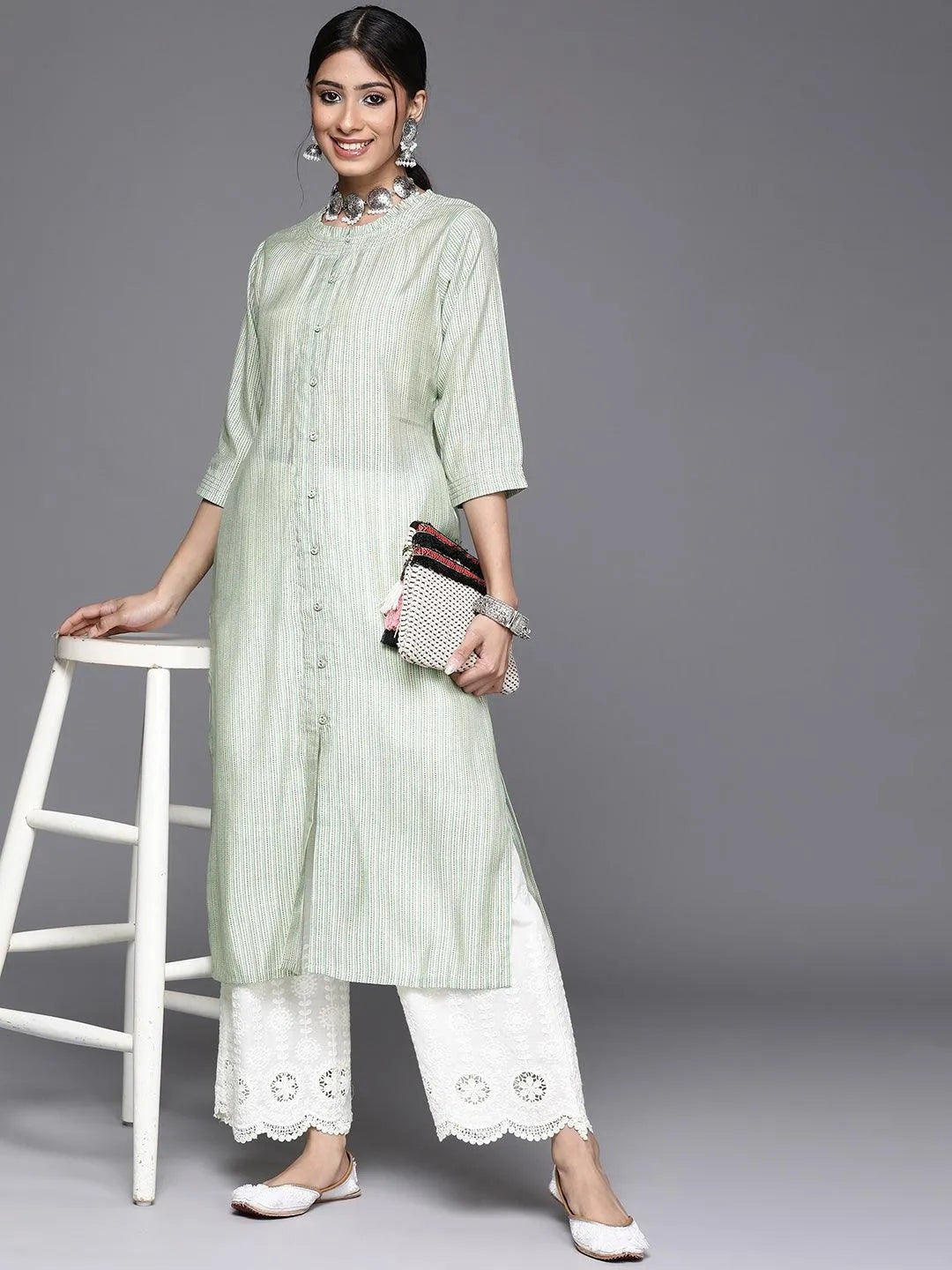 Green Printed Chanderi Silk Kurta - Libas 