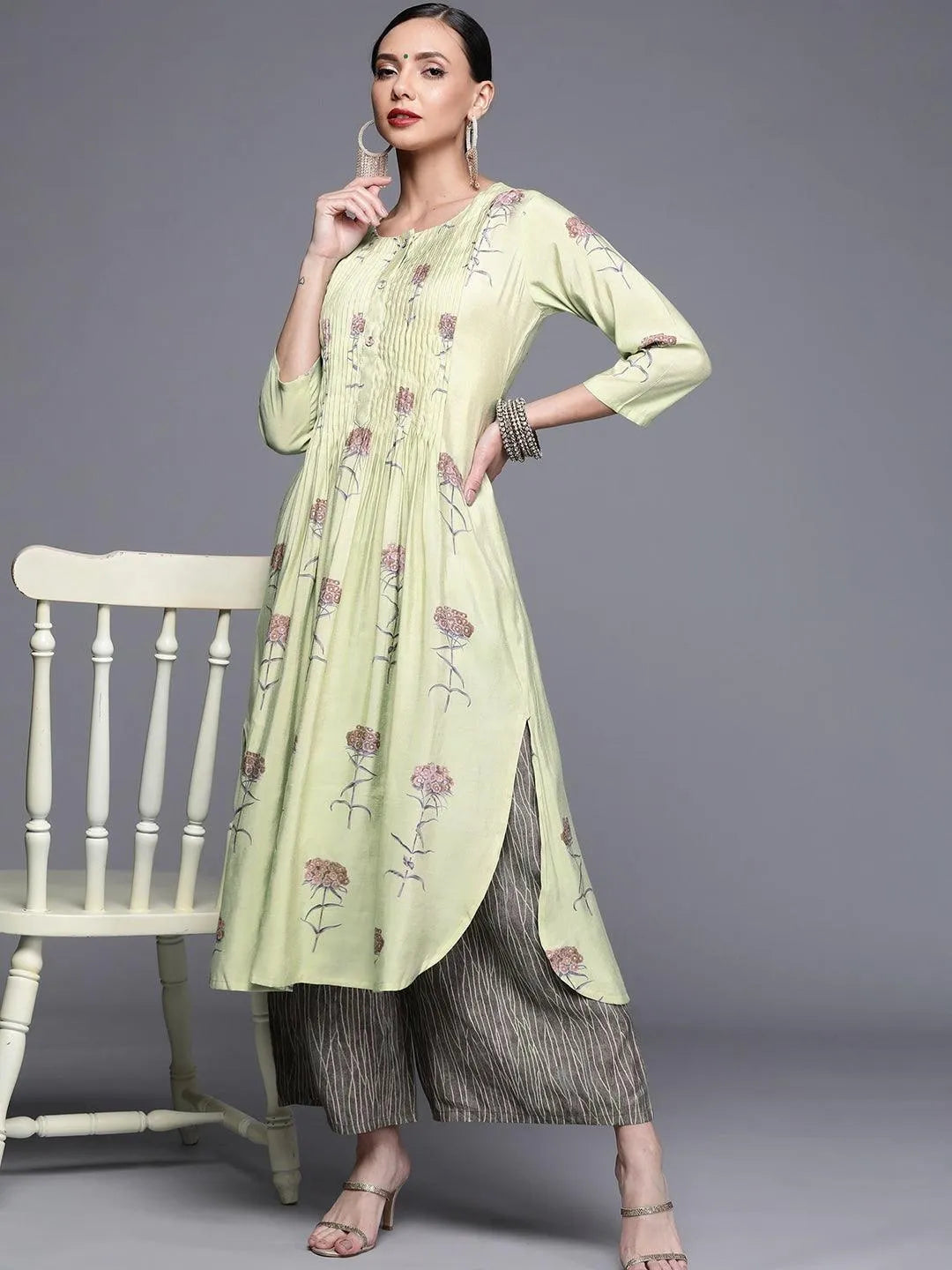 Green Printed Chanderi Silk Kurta - Libas