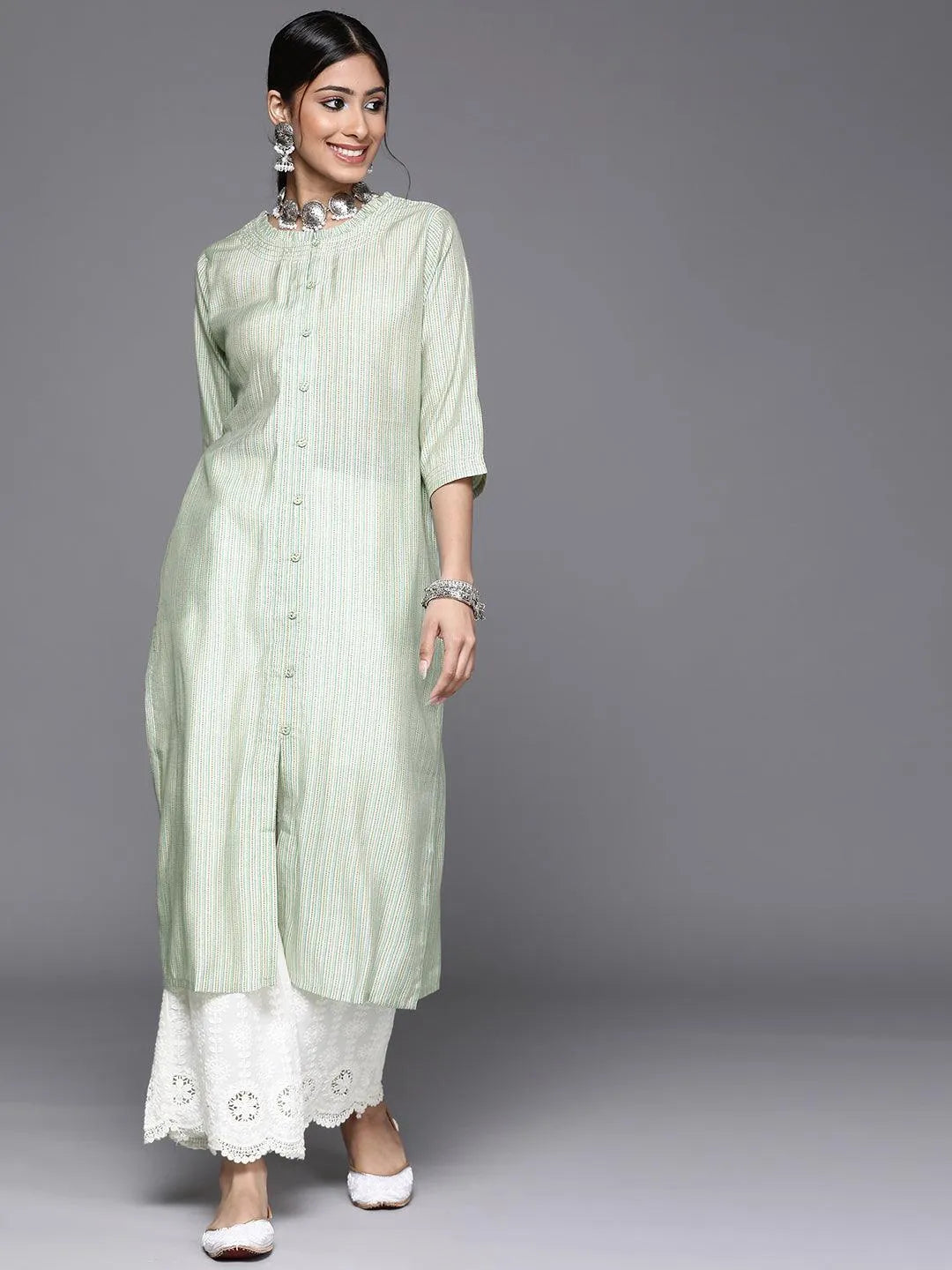 Green Printed Chanderi Silk Kurta - Libas 