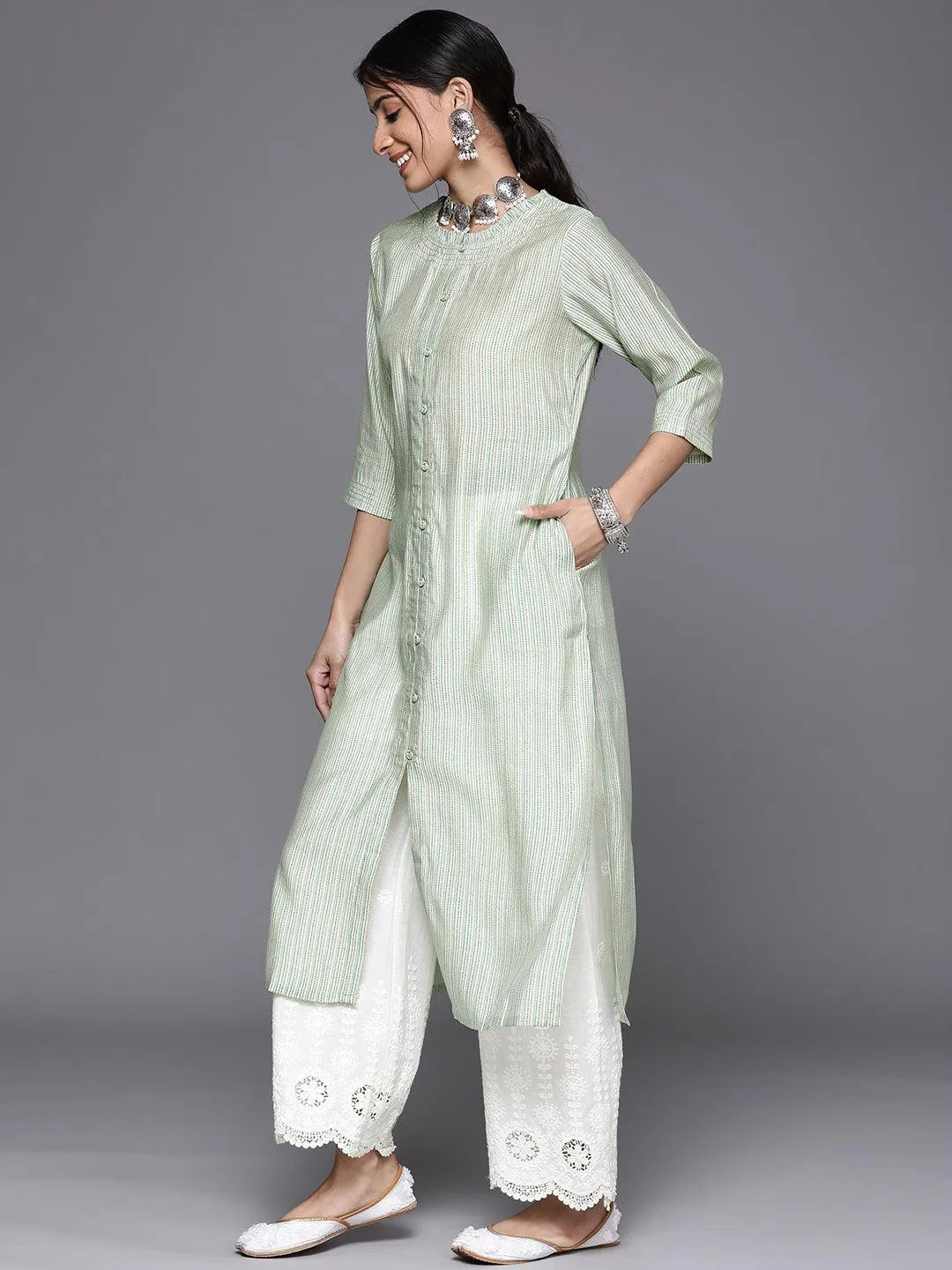 Green Printed Chanderi Silk Kurta - Libas 