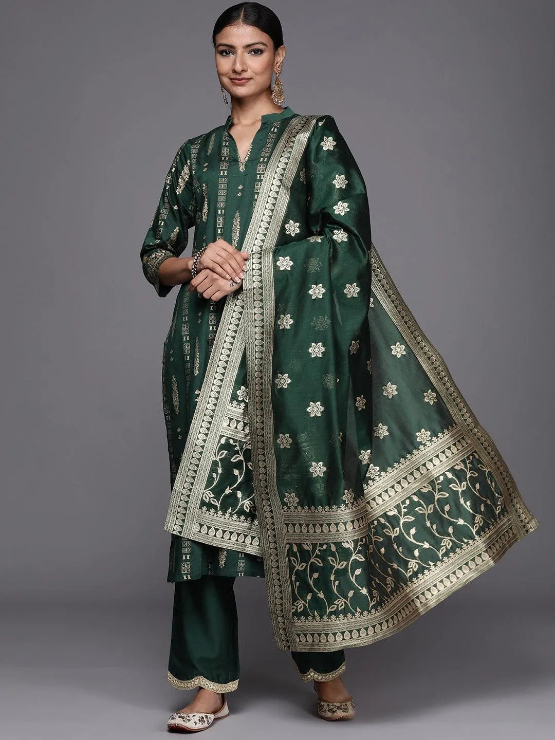 Green Printed Chanderi Silk Straight Suit Set - Libas