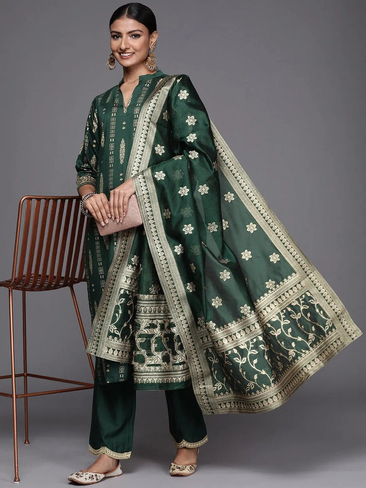 Green Printed Chanderi Silk Straight Suit Set - Libas