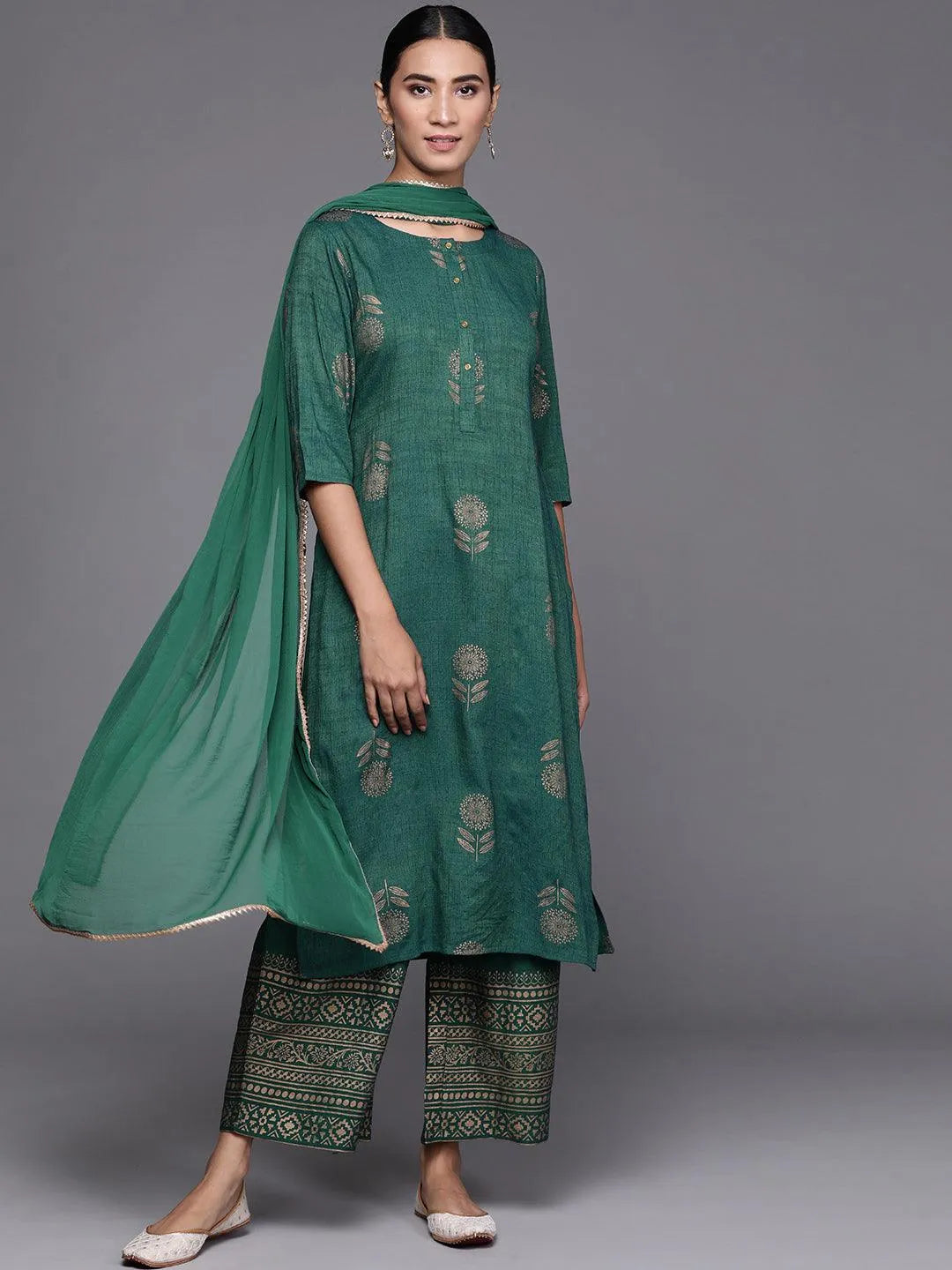 Green Printed Chanderi Silk Suit Set - Libas