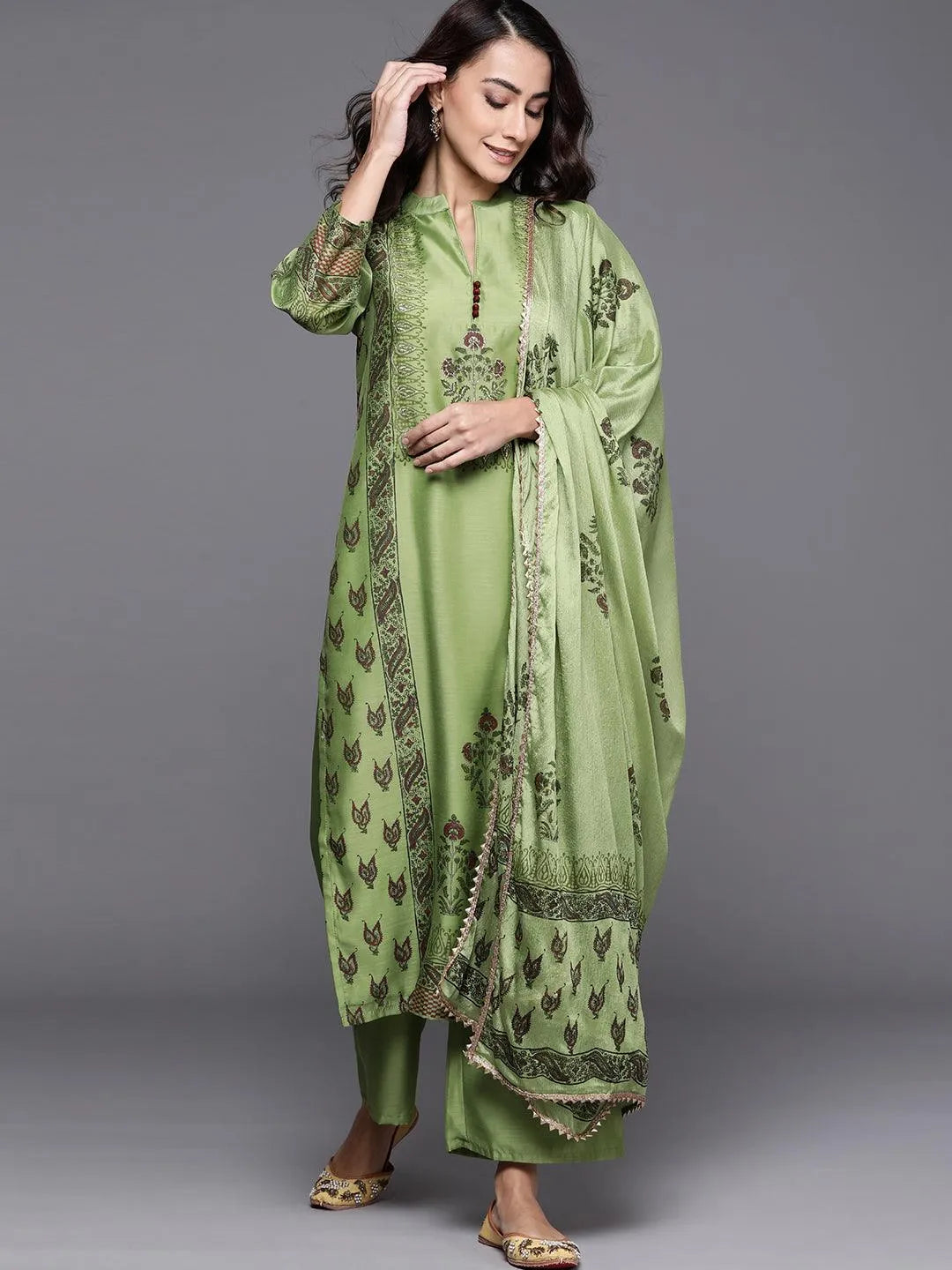 Green Printed Chanderi Silk Suit Set - Libas