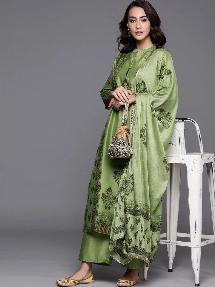 Green Printed Chanderi Silk Suit Set - Libas