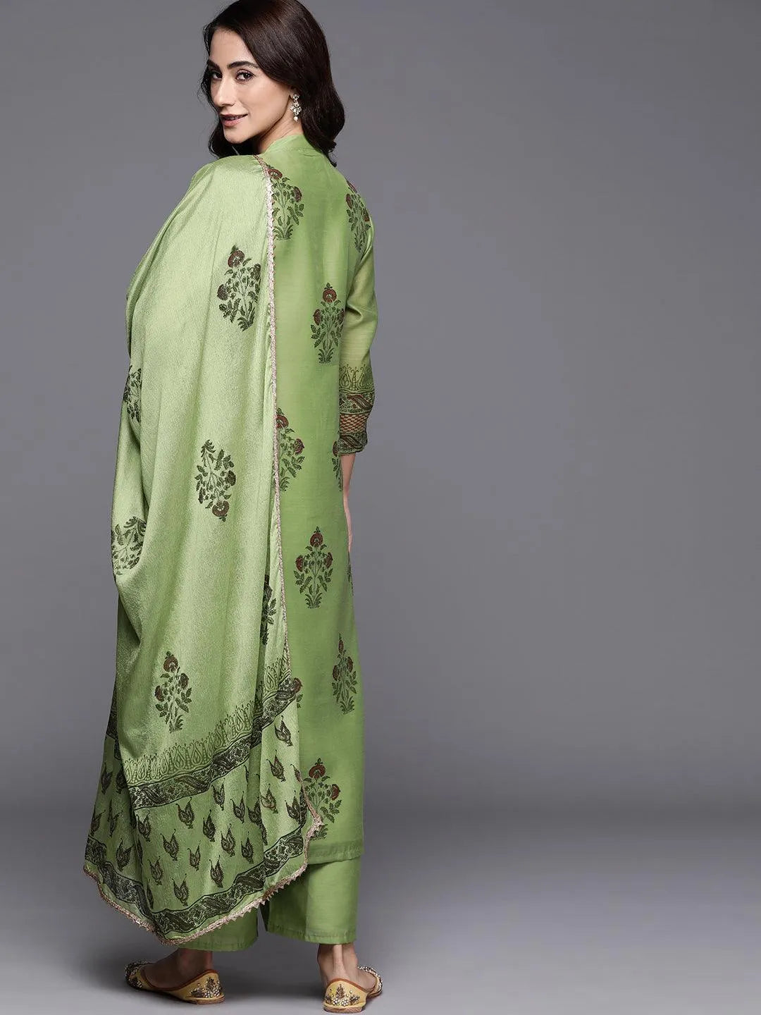 Green Printed Chanderi Silk Suit Set - Libas