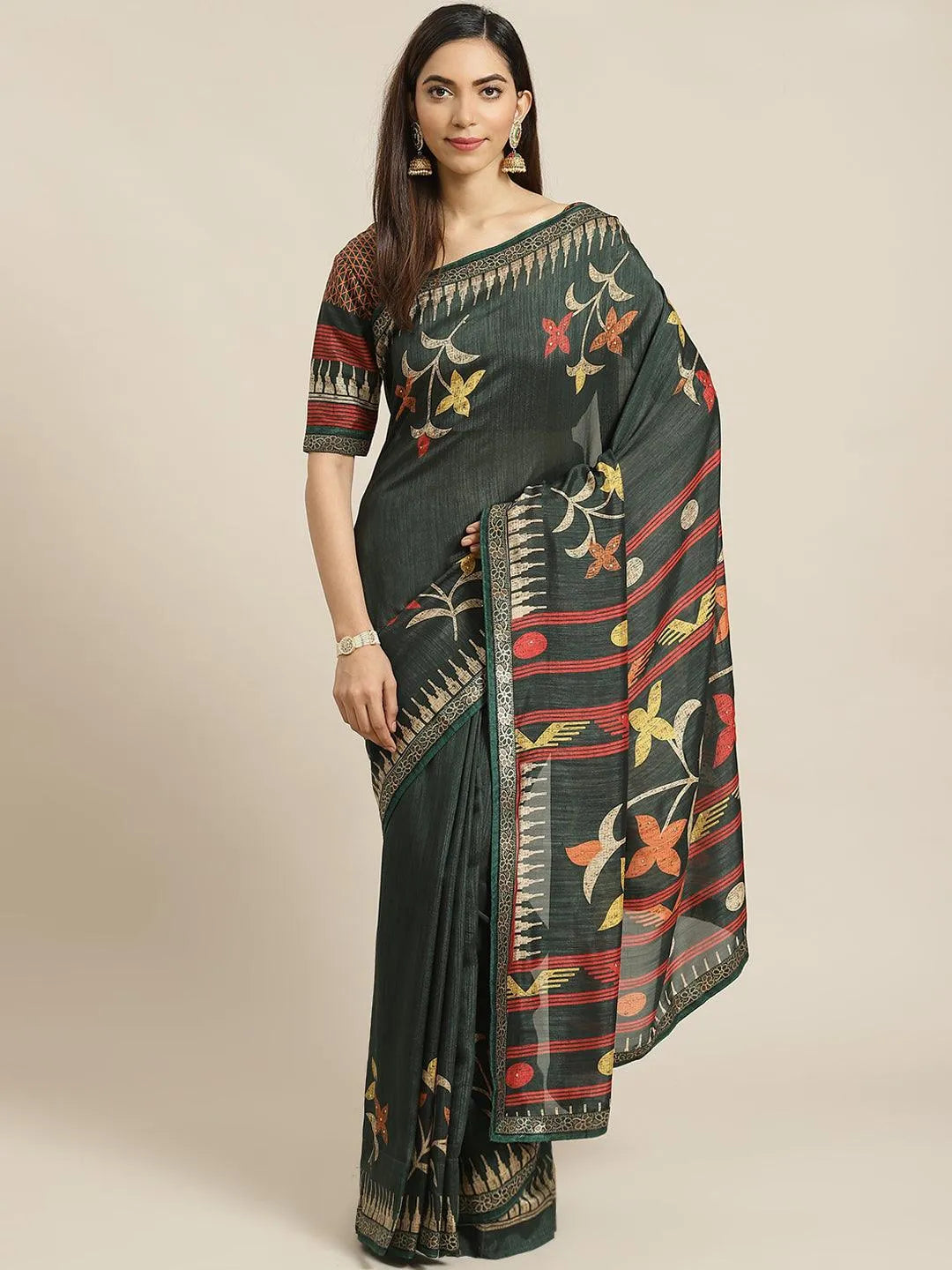 Green Printed Chiffon Saree - Libas