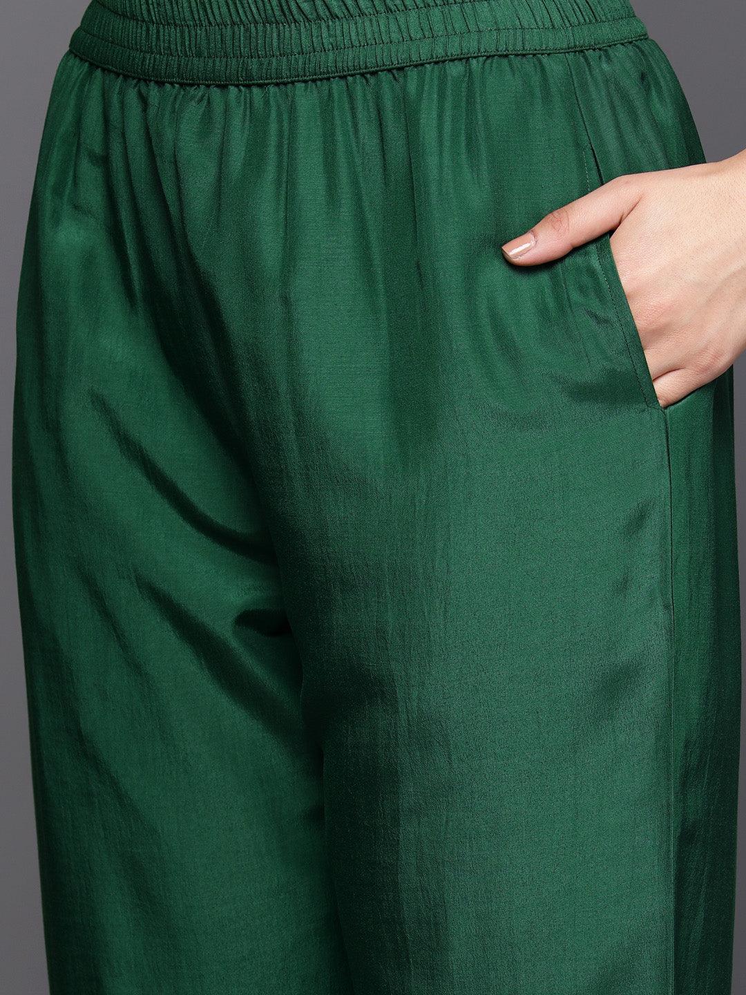 Green Printed Chiffon Straight Kurta With Trousers & Dupatta