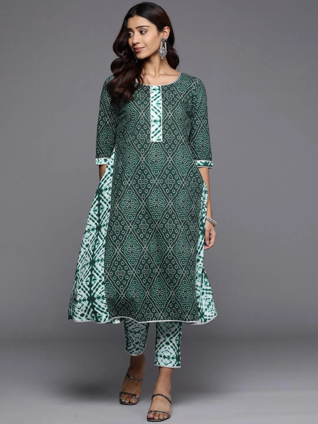 Green Printed Cotton A-Line Kurta - Libas 