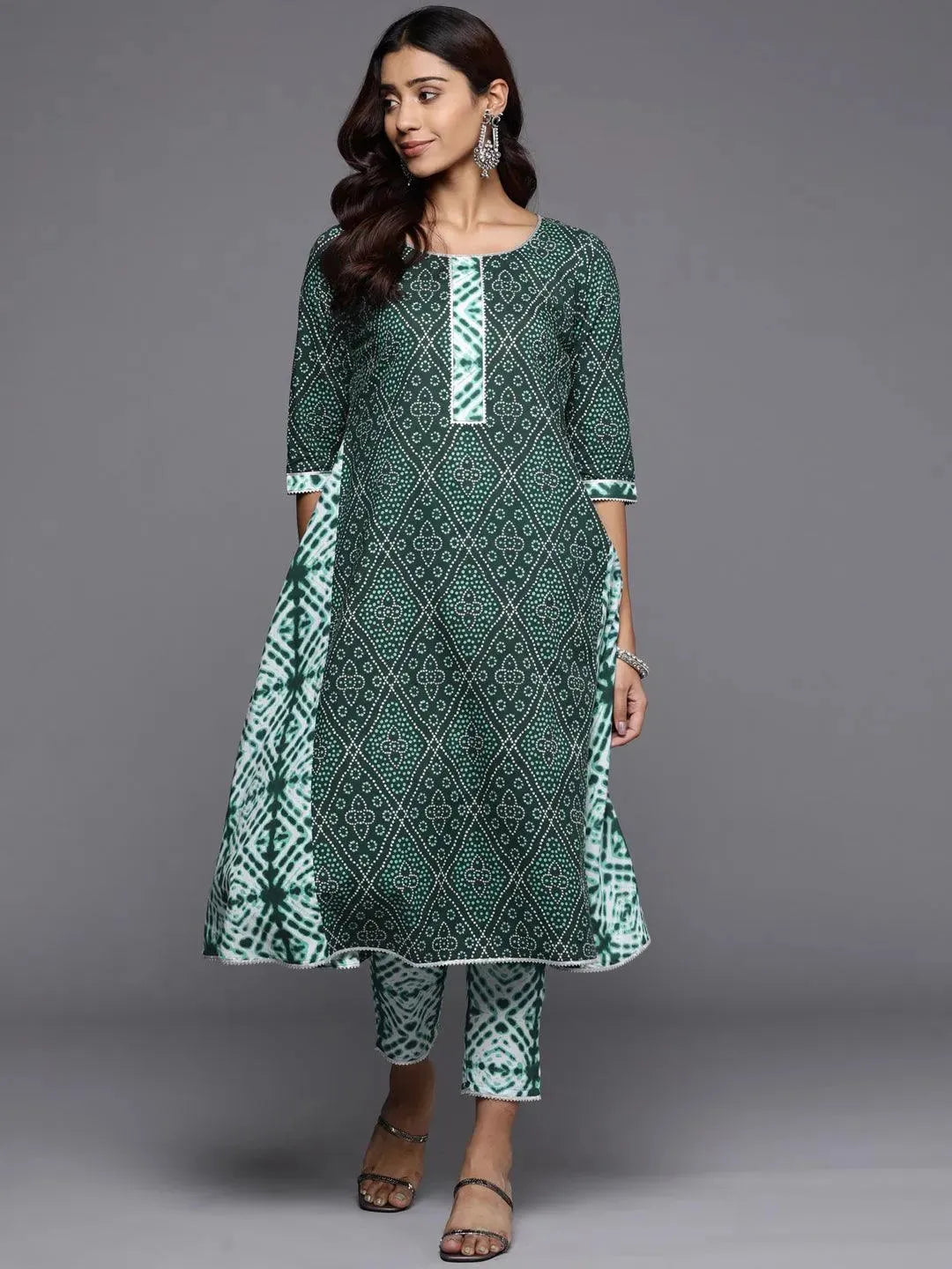 

Green Printed Cotton A-Line Kurta