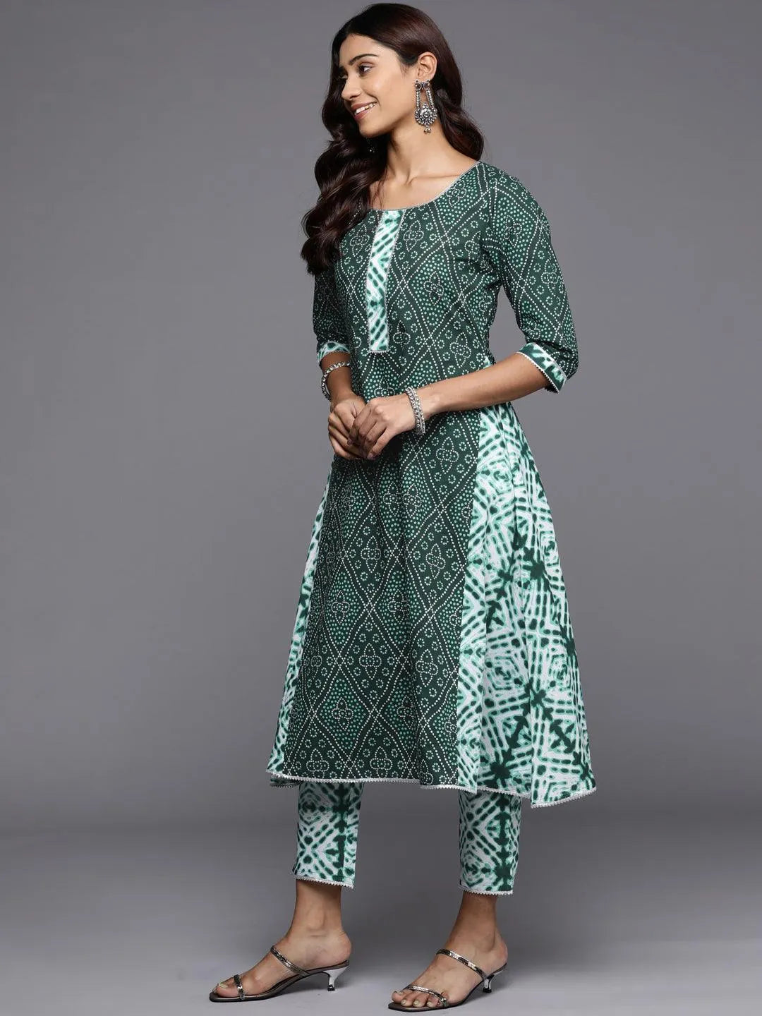 Green Printed Cotton A-Line Kurta - Libas 