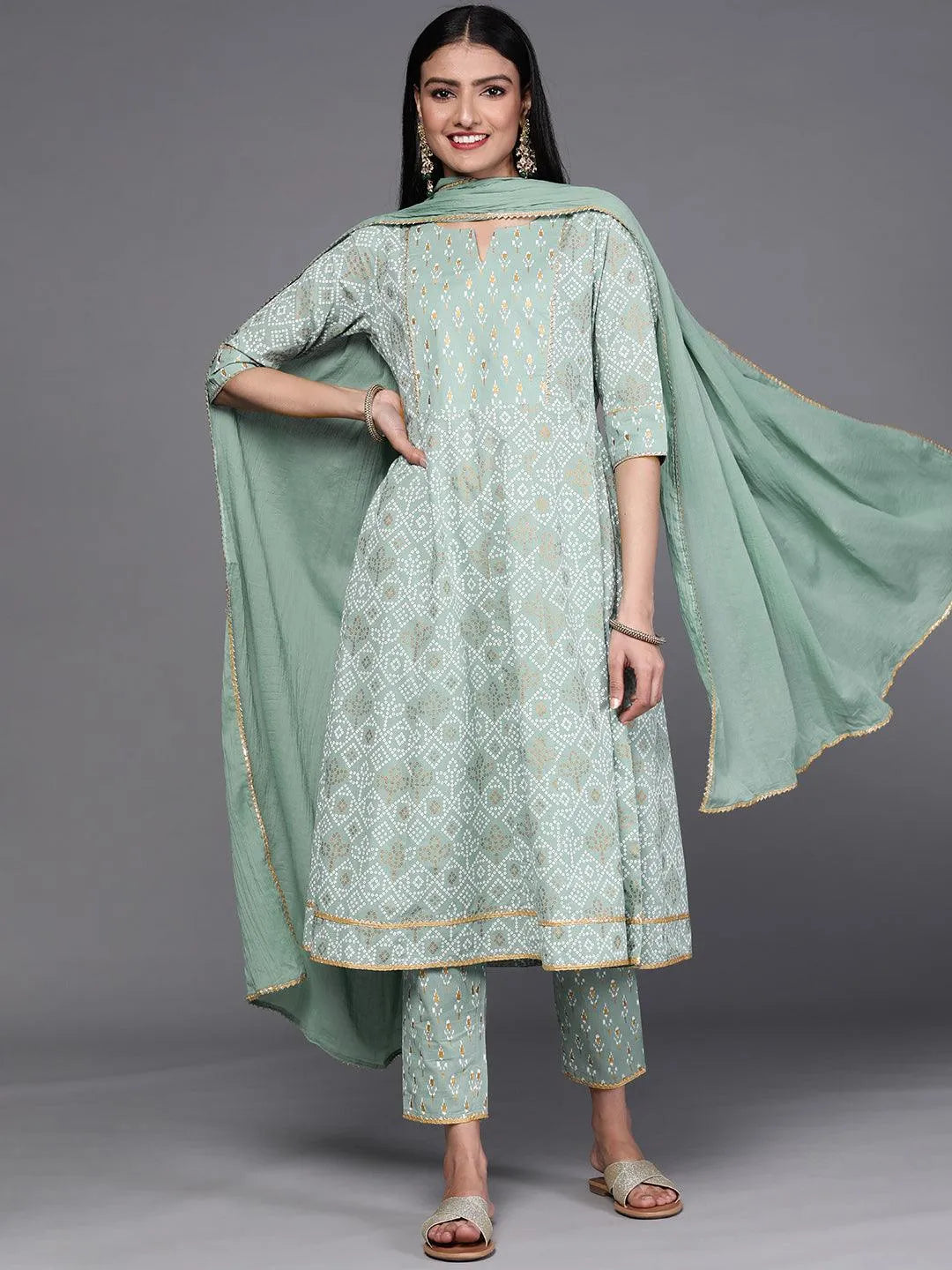 Green Printed Cotton Suit Set - Libas