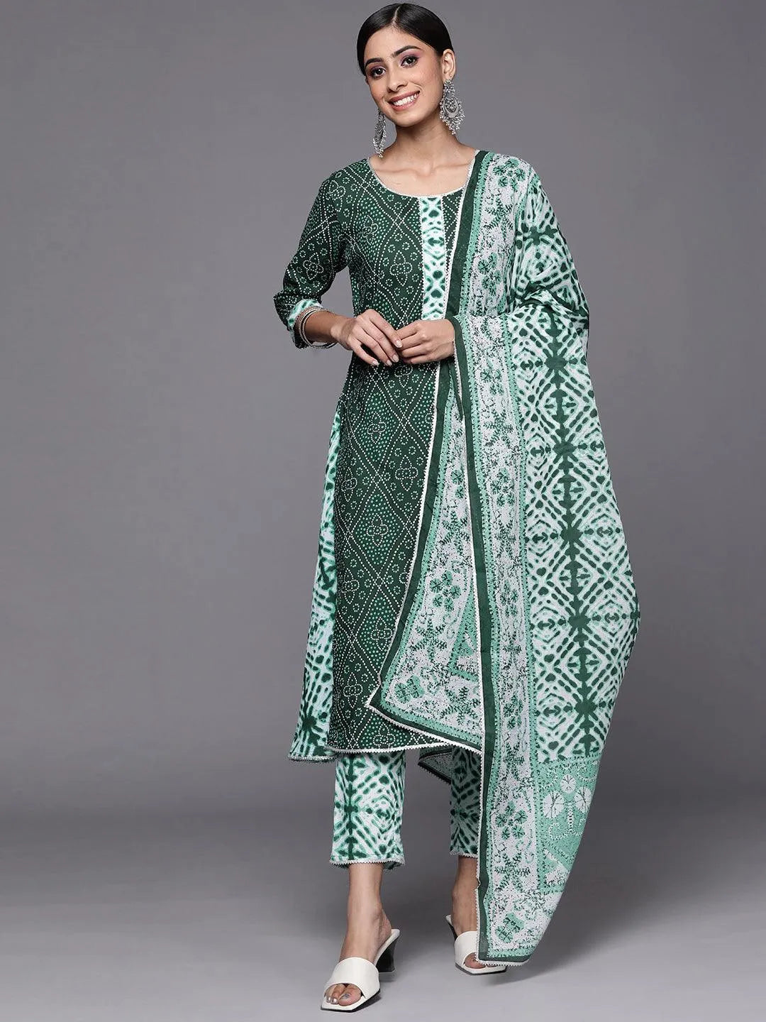 Green Printed Cotton A-Line Suit Set - Libas