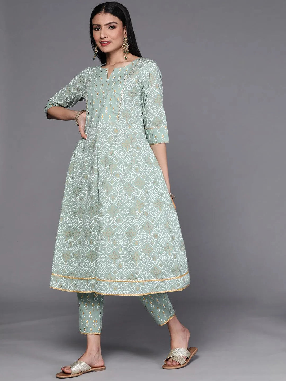 Green Printed Cotton Suit Set - Libas