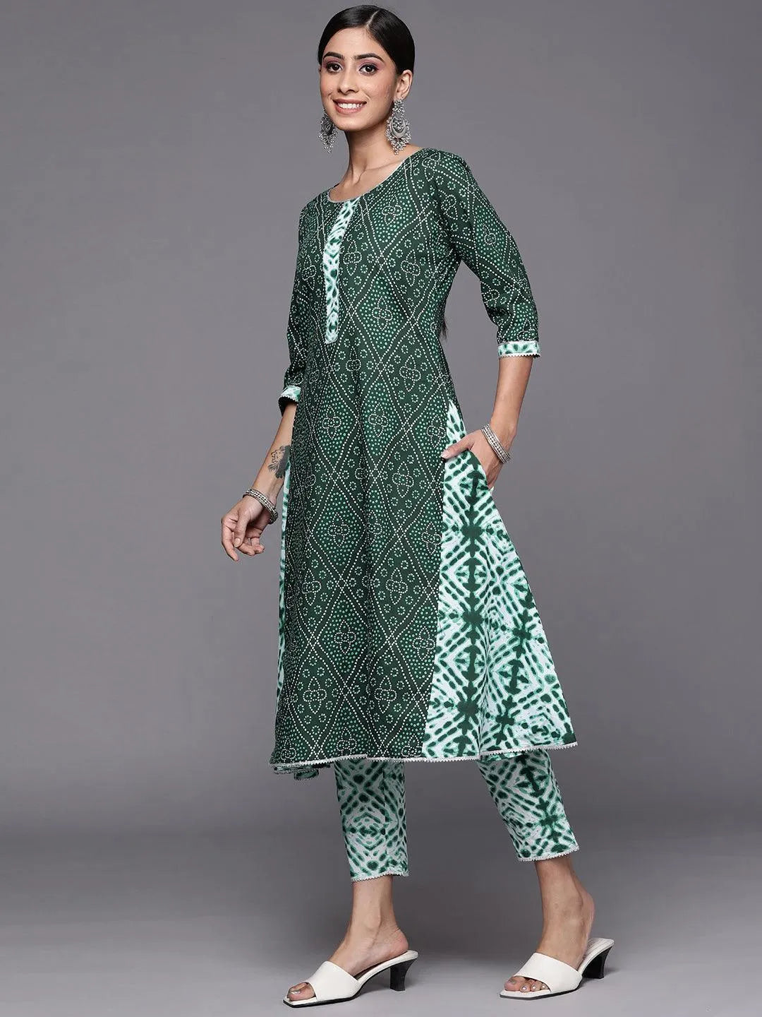 Green Printed Cotton A-Line Suit Set - Libas 