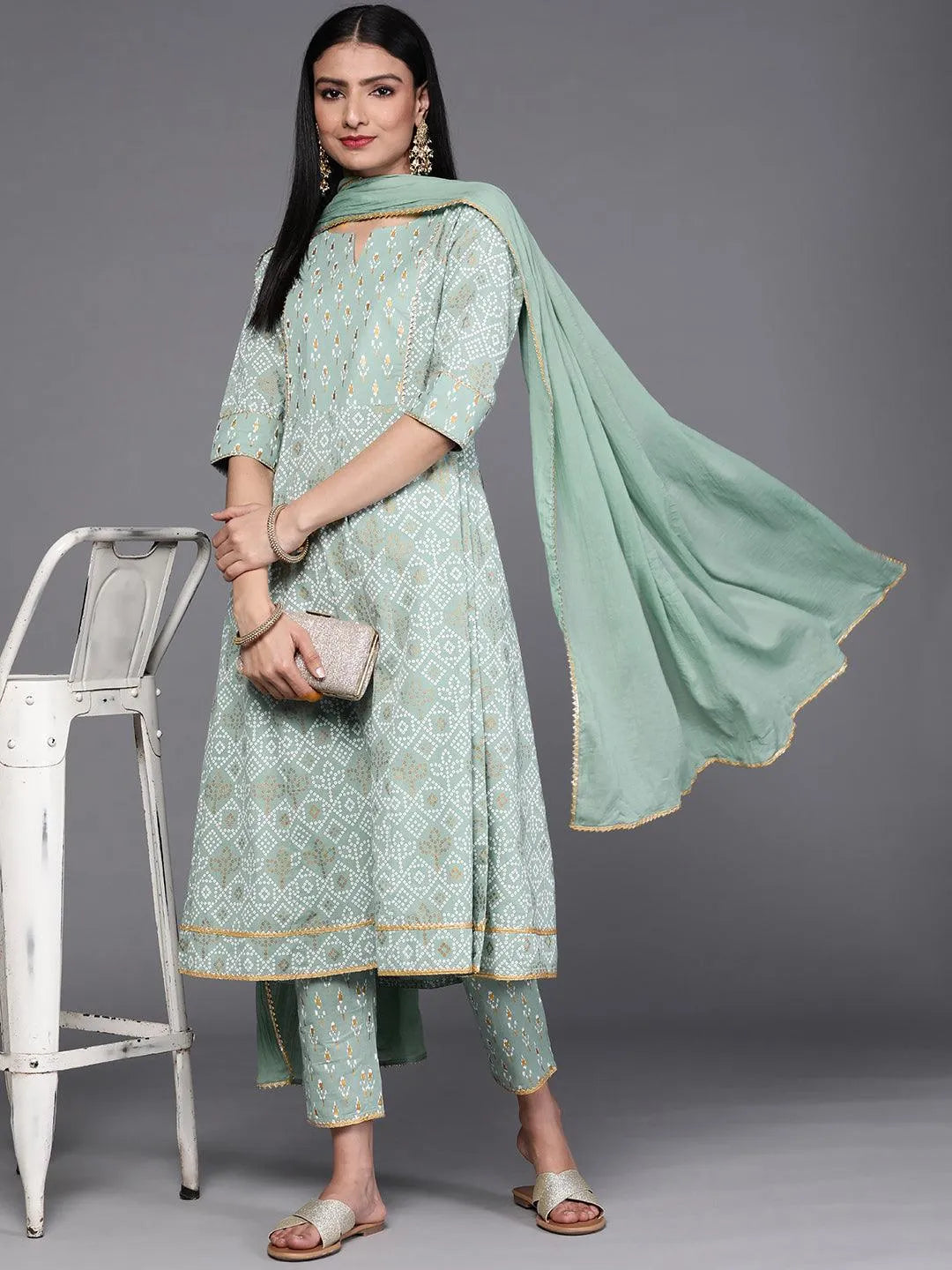 Green Printed Cotton Suit Set - Libas