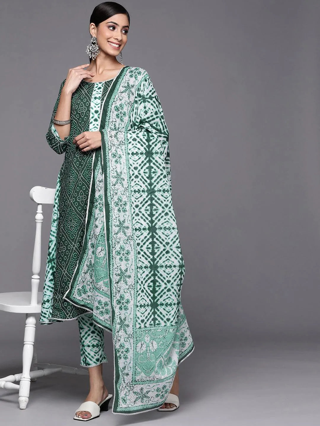 Green Printed Cotton A-Line Suit Set - Libas