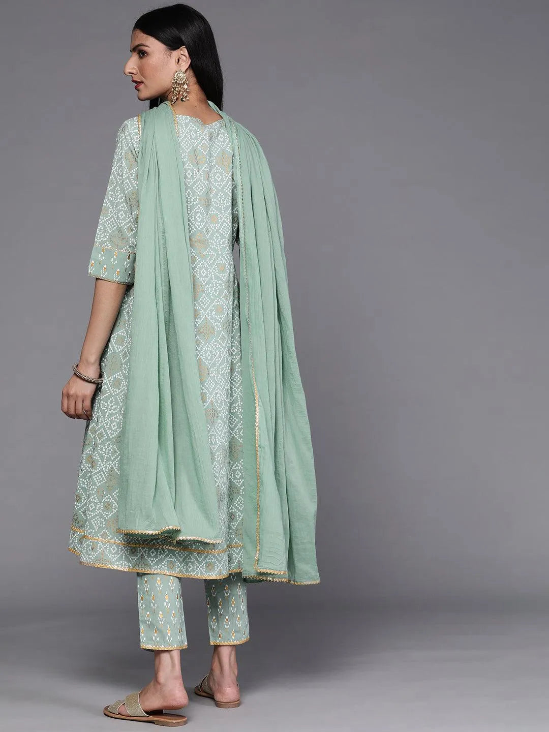 Green Printed Cotton Suit Set - Libas 