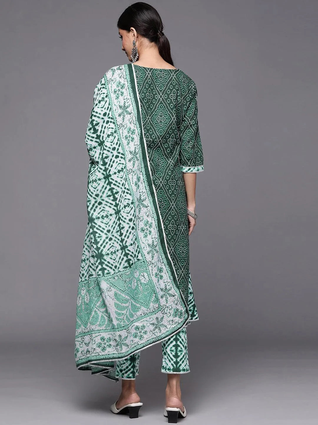 Green Printed Cotton A-Line Suit Set - Libas 