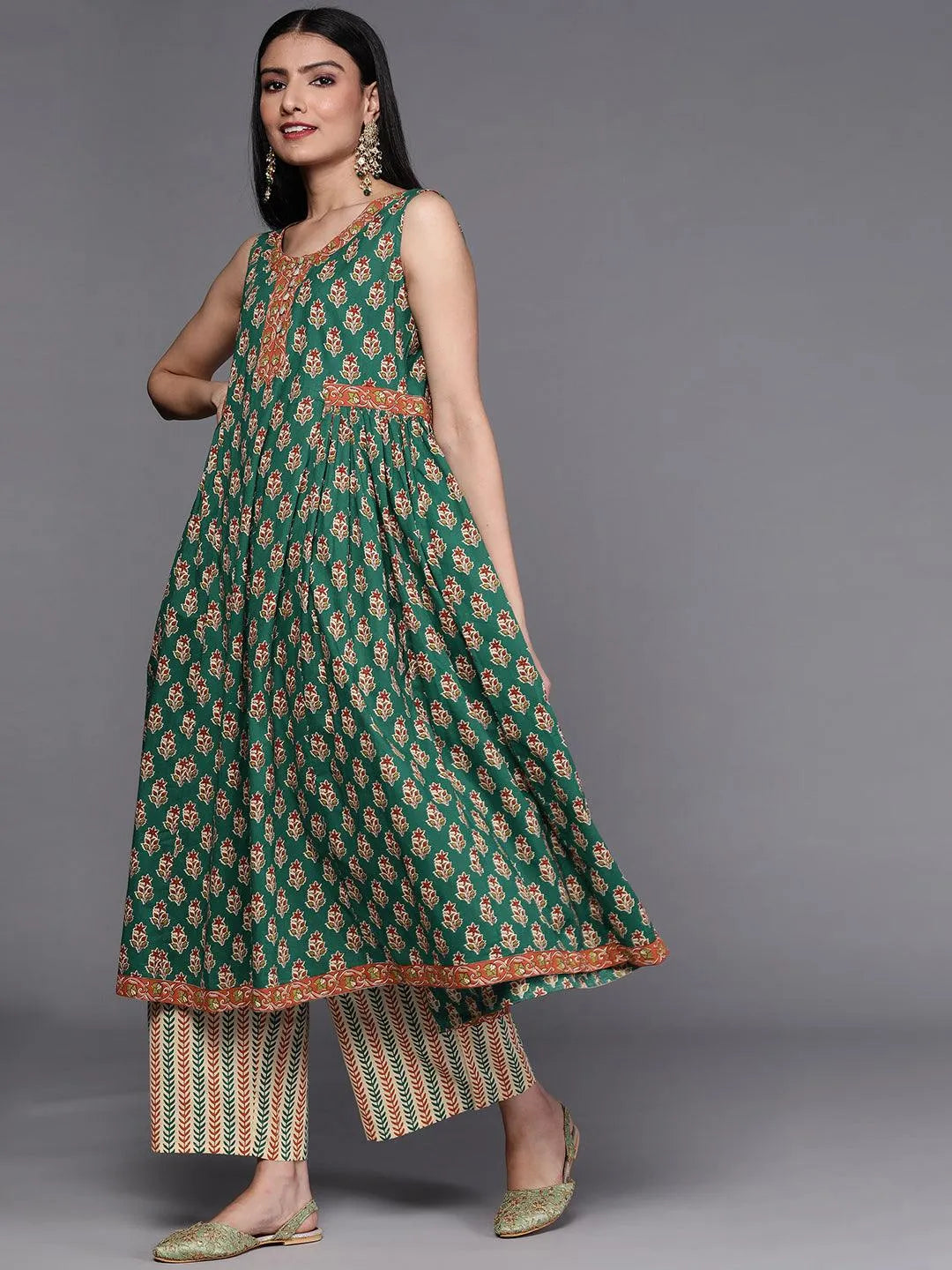 Green Printed Cotton Suit Set - Libas 