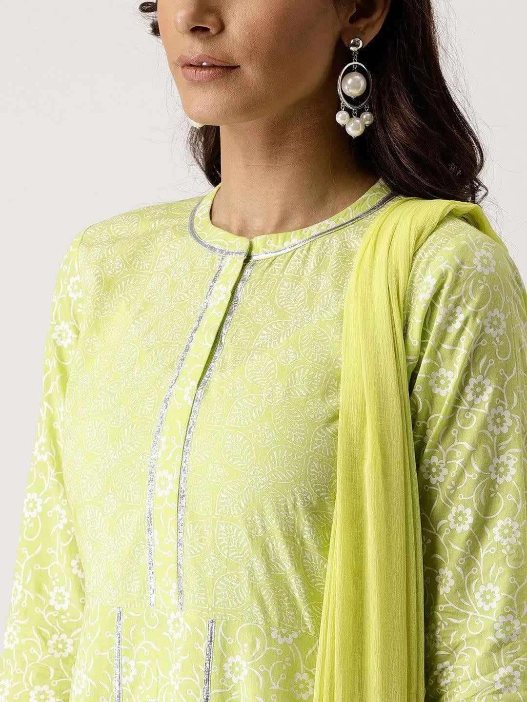 

Green Printed Cotton A-Line Kurta With Palazzos & Dupatta