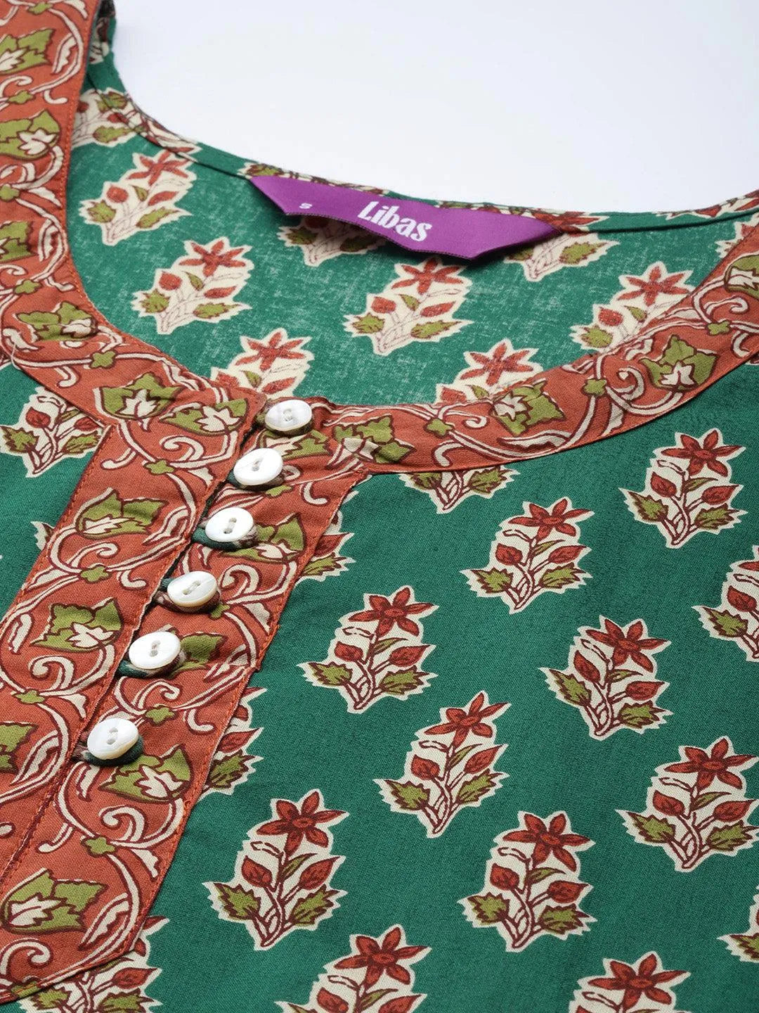 Green Printed Cotton Suit Set - Libas 