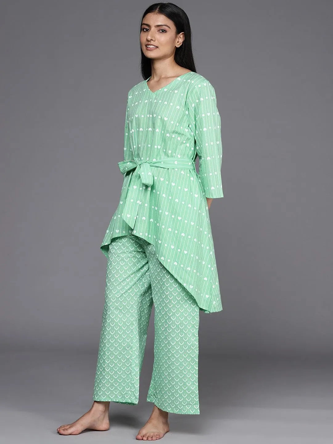 Green Printed Cotton Kurta Set - Libas 