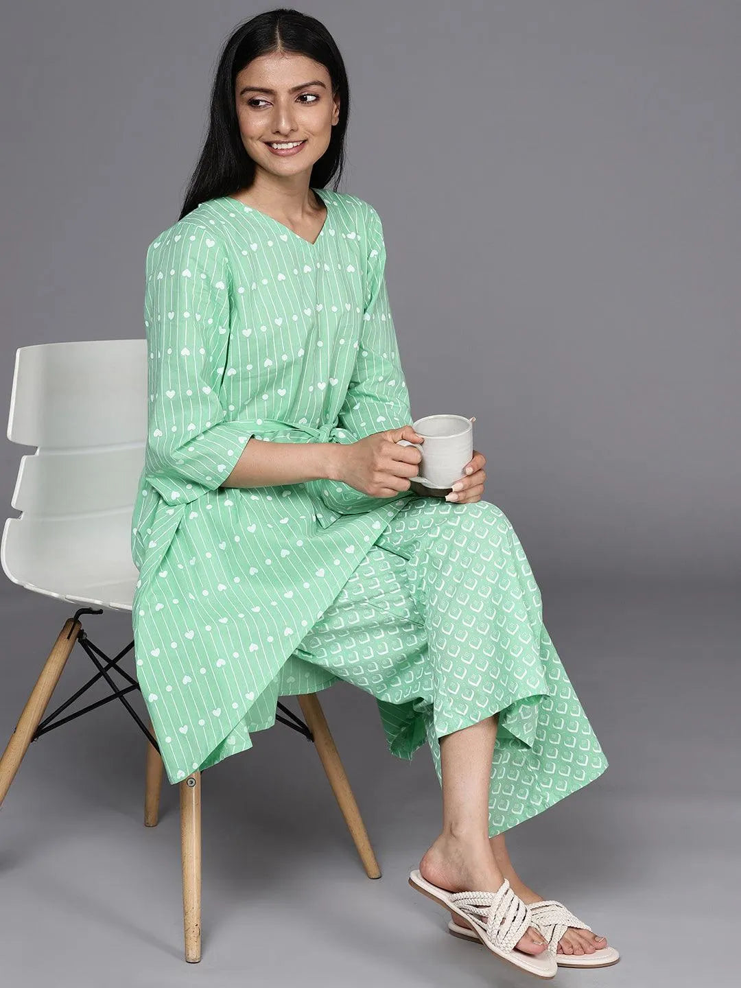 Green Printed Cotton Kurta Set - Libas 