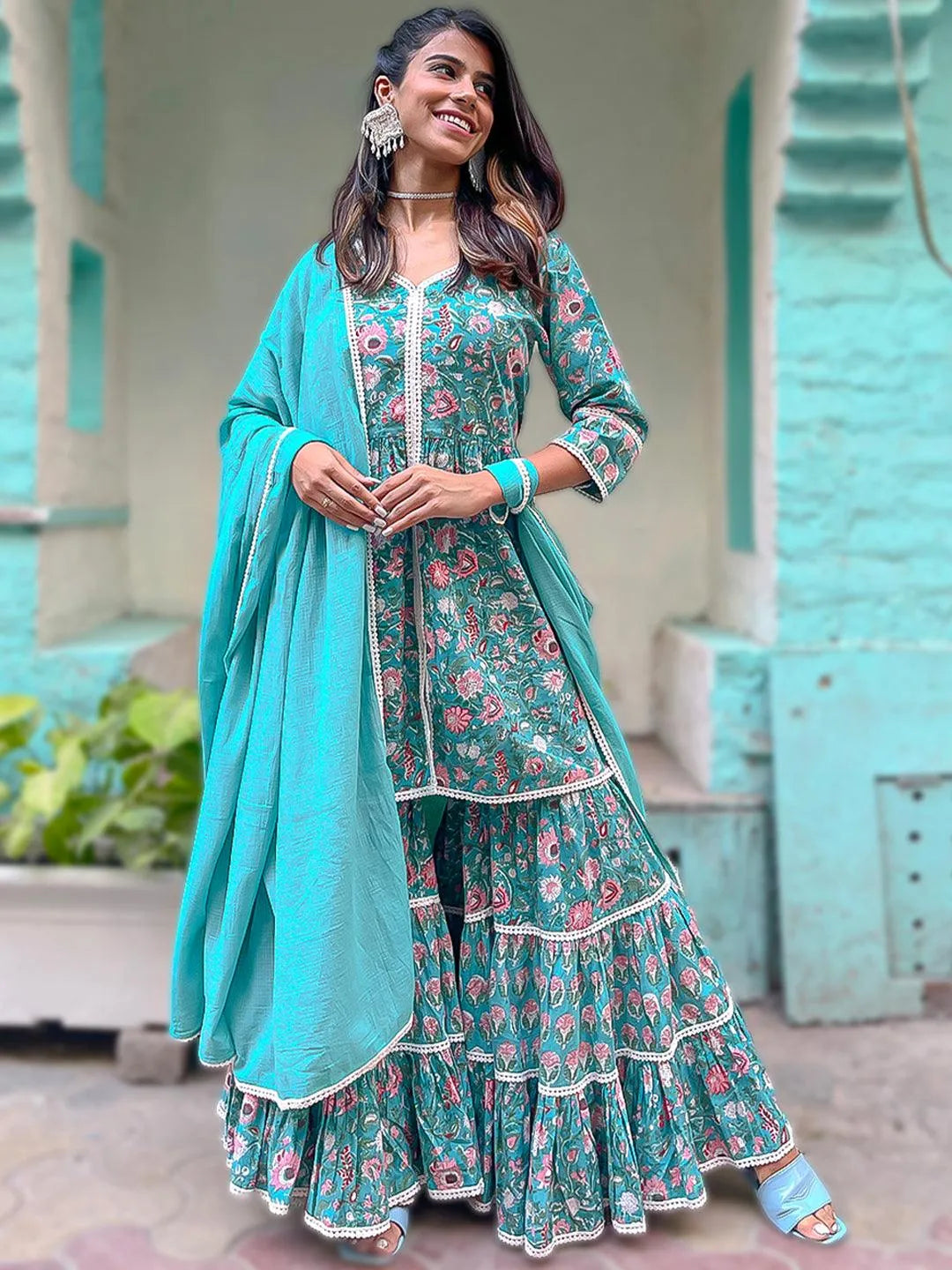 Green Printed Cotton Suit Set - Libas 