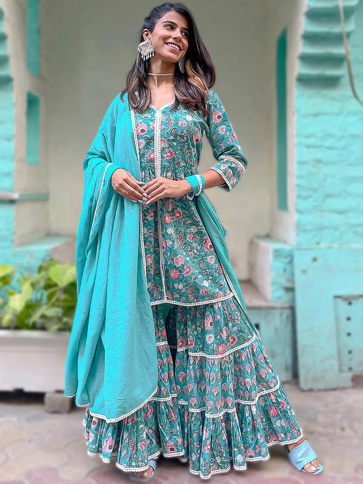 Green Printed Cotton Suit Set - Libas