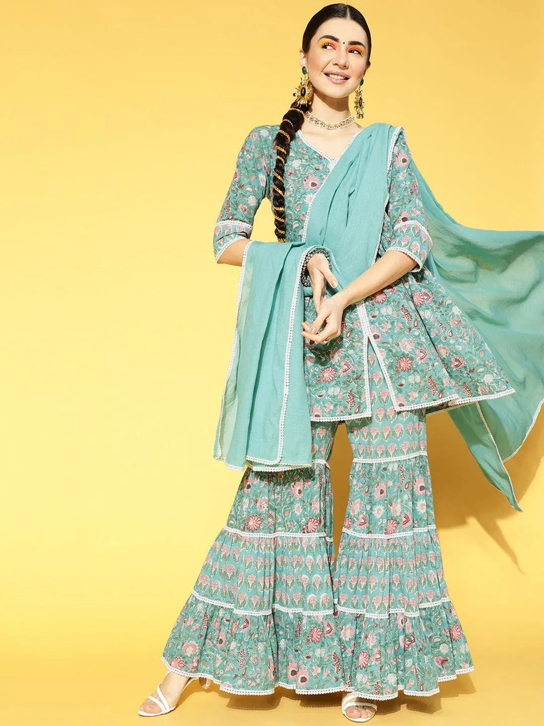 Green Printed Cotton Suit Set - Libas 