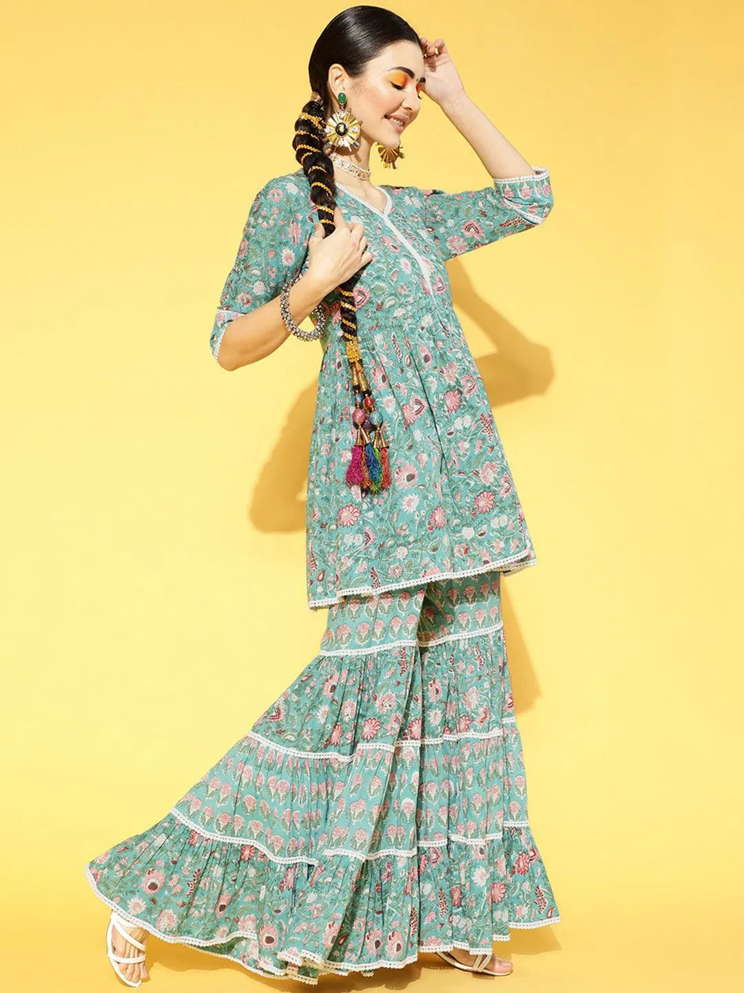 Green Printed Cotton Suit Set - Libas 