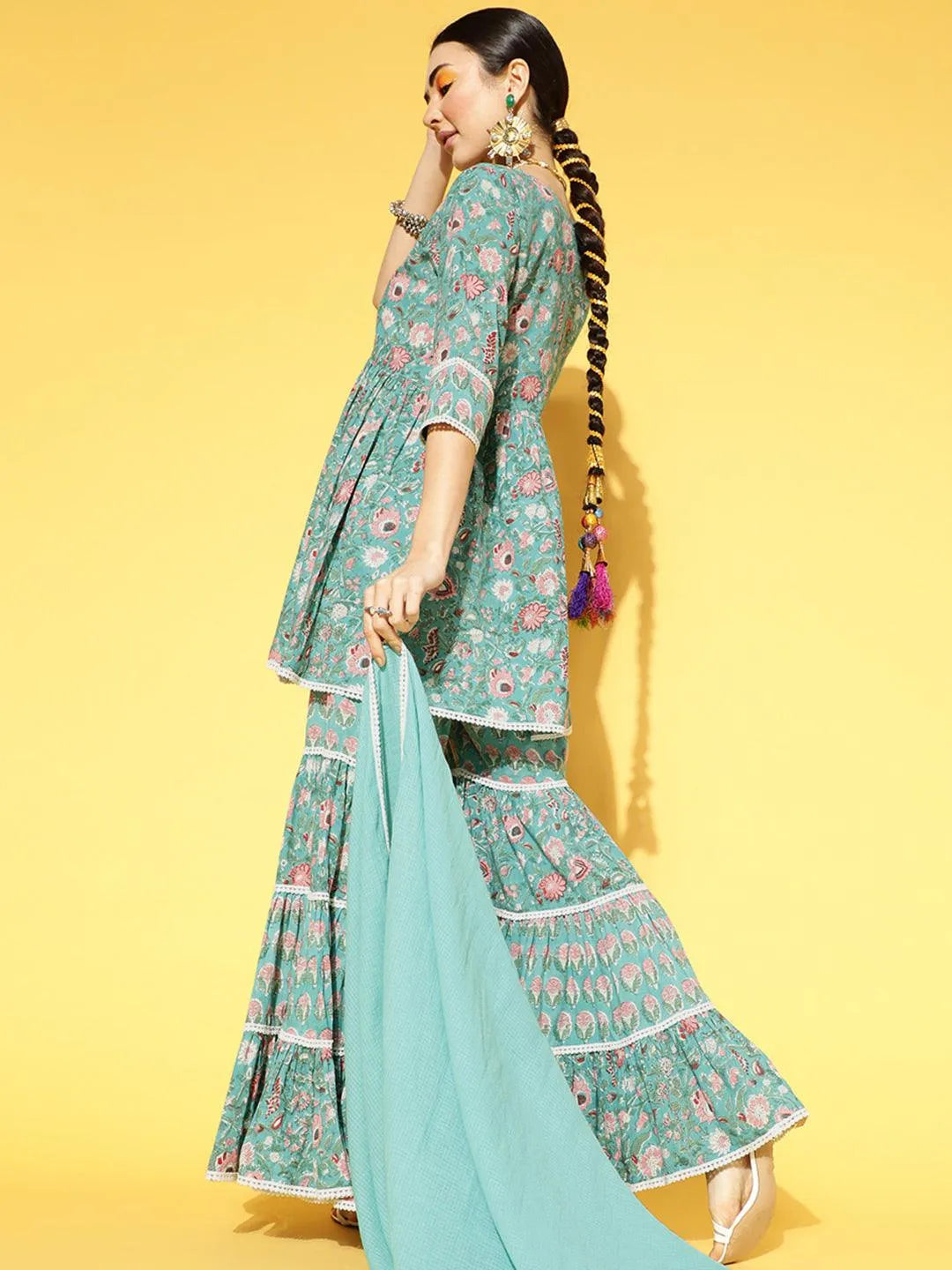 Green Printed Cotton Suit Set - Libas 