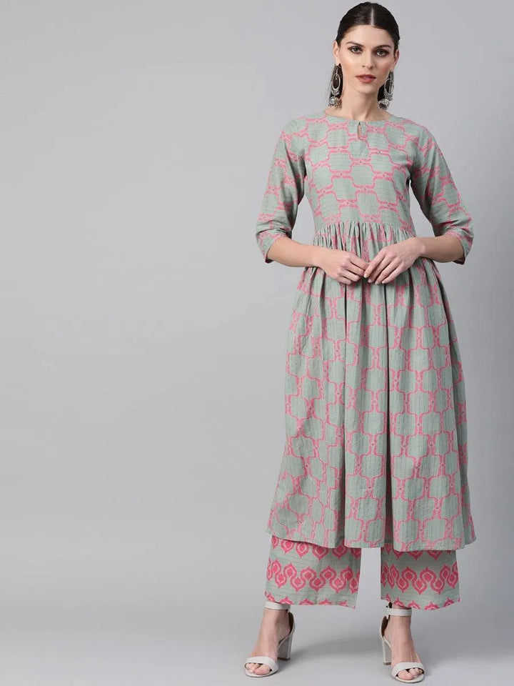 Green Printed Cotton Kurta Set - Libas