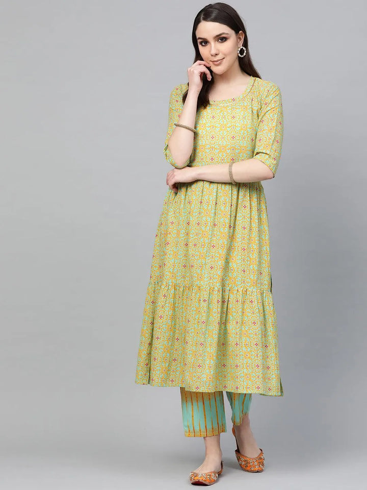 Green Printed Cotton Kurta Set - Libas