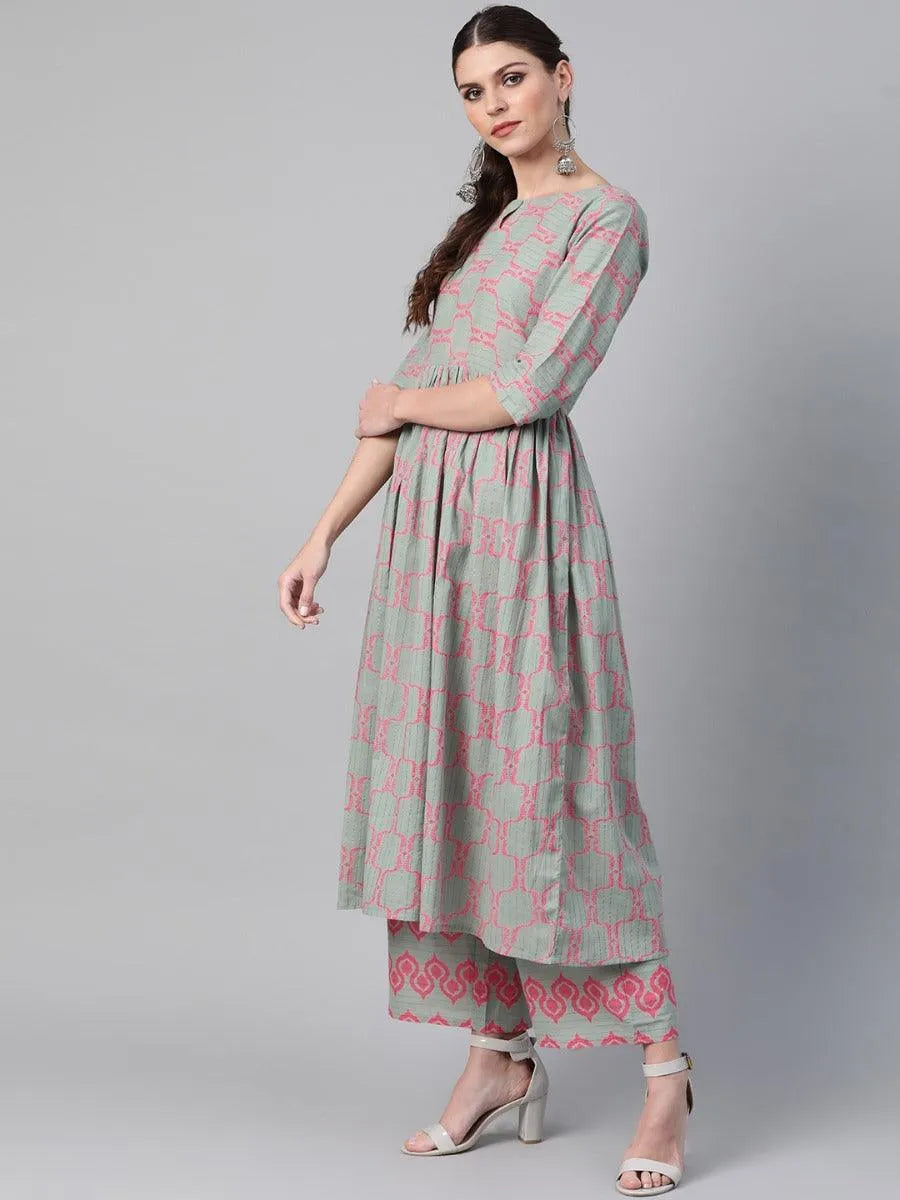 Green Printed Cotton Kurta Set - Libas 