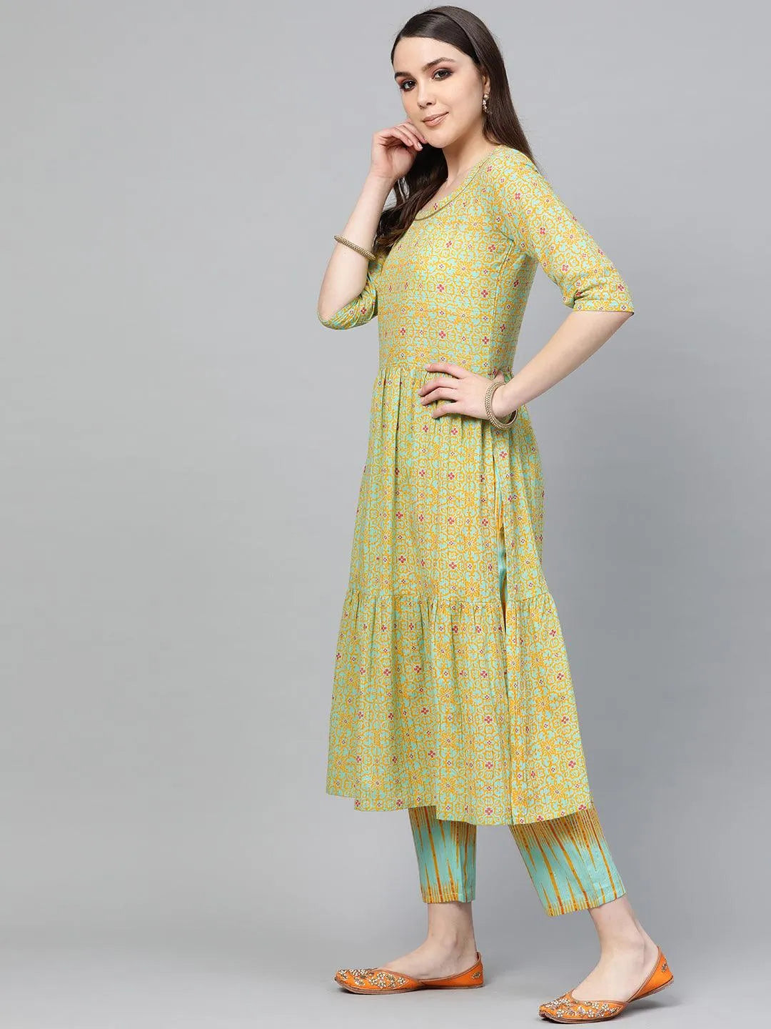 Green Printed Cotton Kurta Set - Libas 