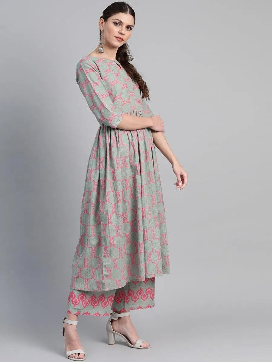 Green Printed Cotton Kurta Set - Libas 