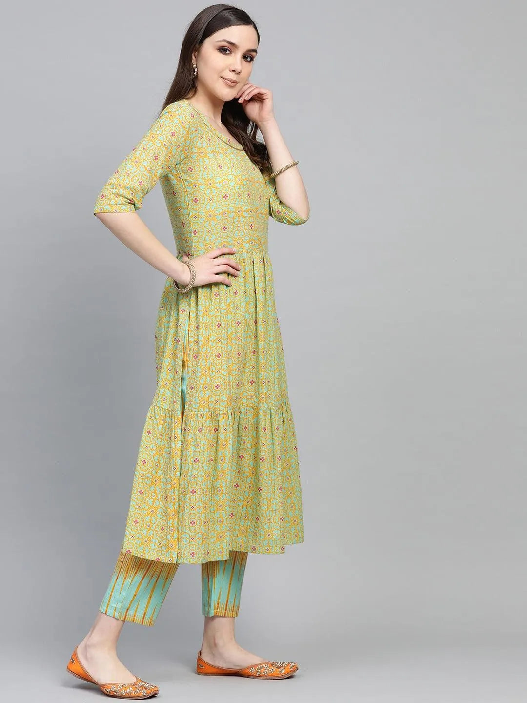 Green Printed Cotton Kurta Set - Libas 