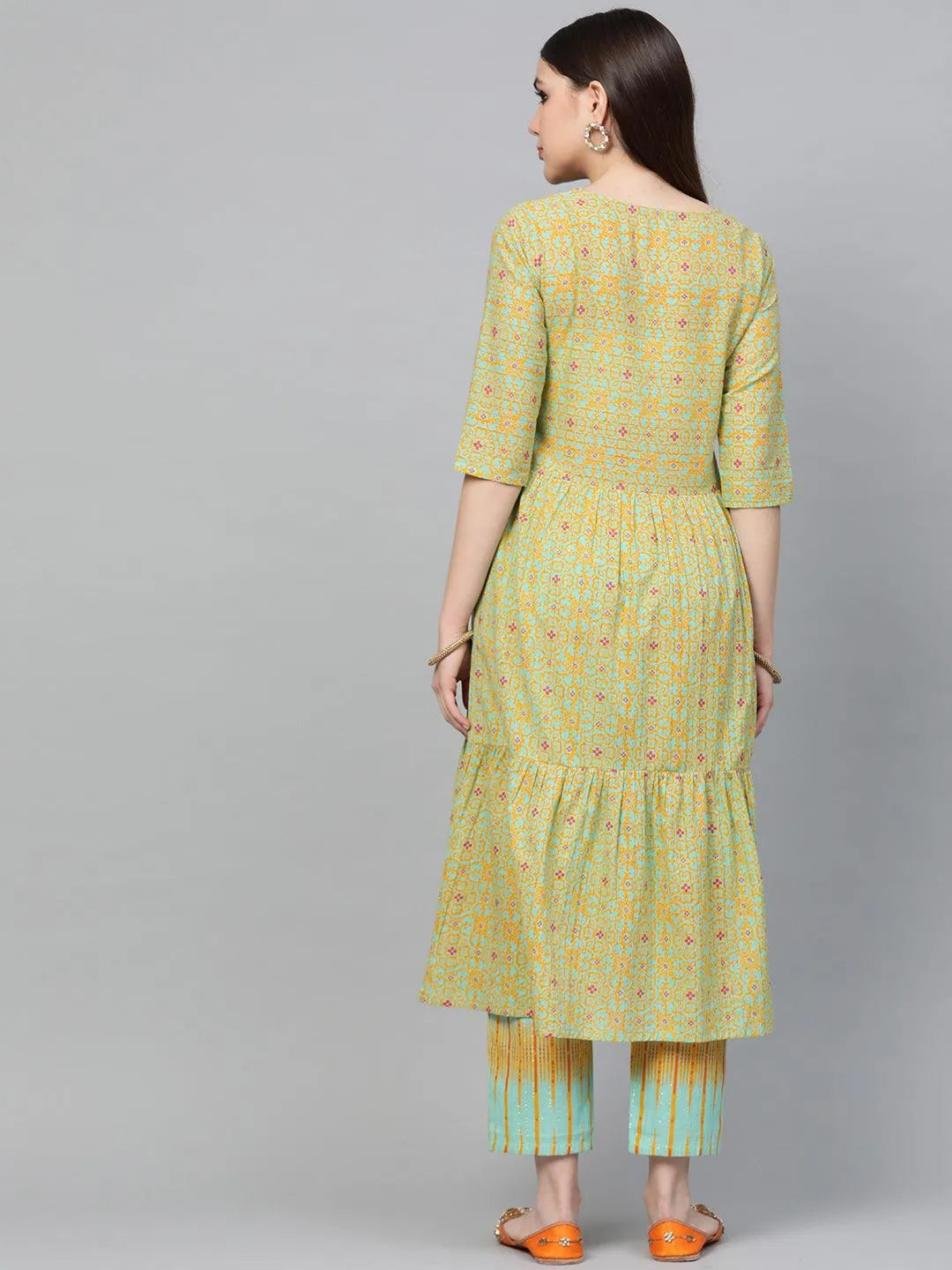 Green Printed Cotton Kurta Set - Libas 