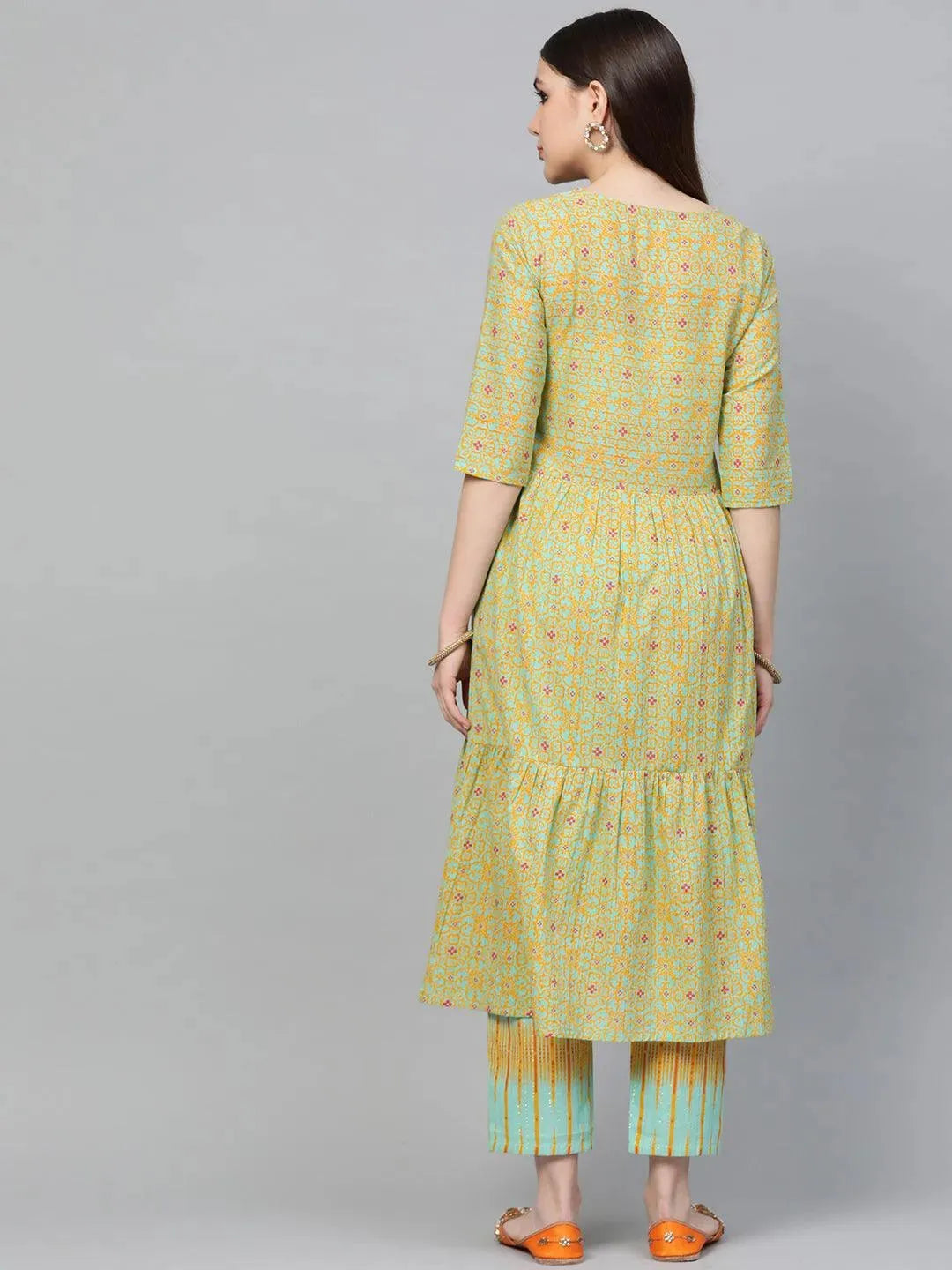 

Green Printed Cotton A-Line Kurta With Trousers