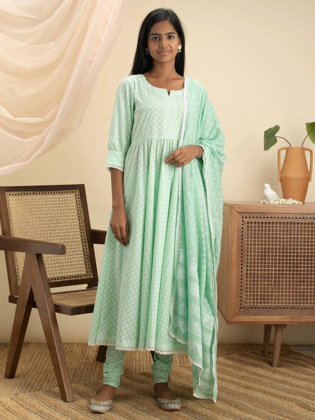 Green Printed Cotton Suit Set - Libas 