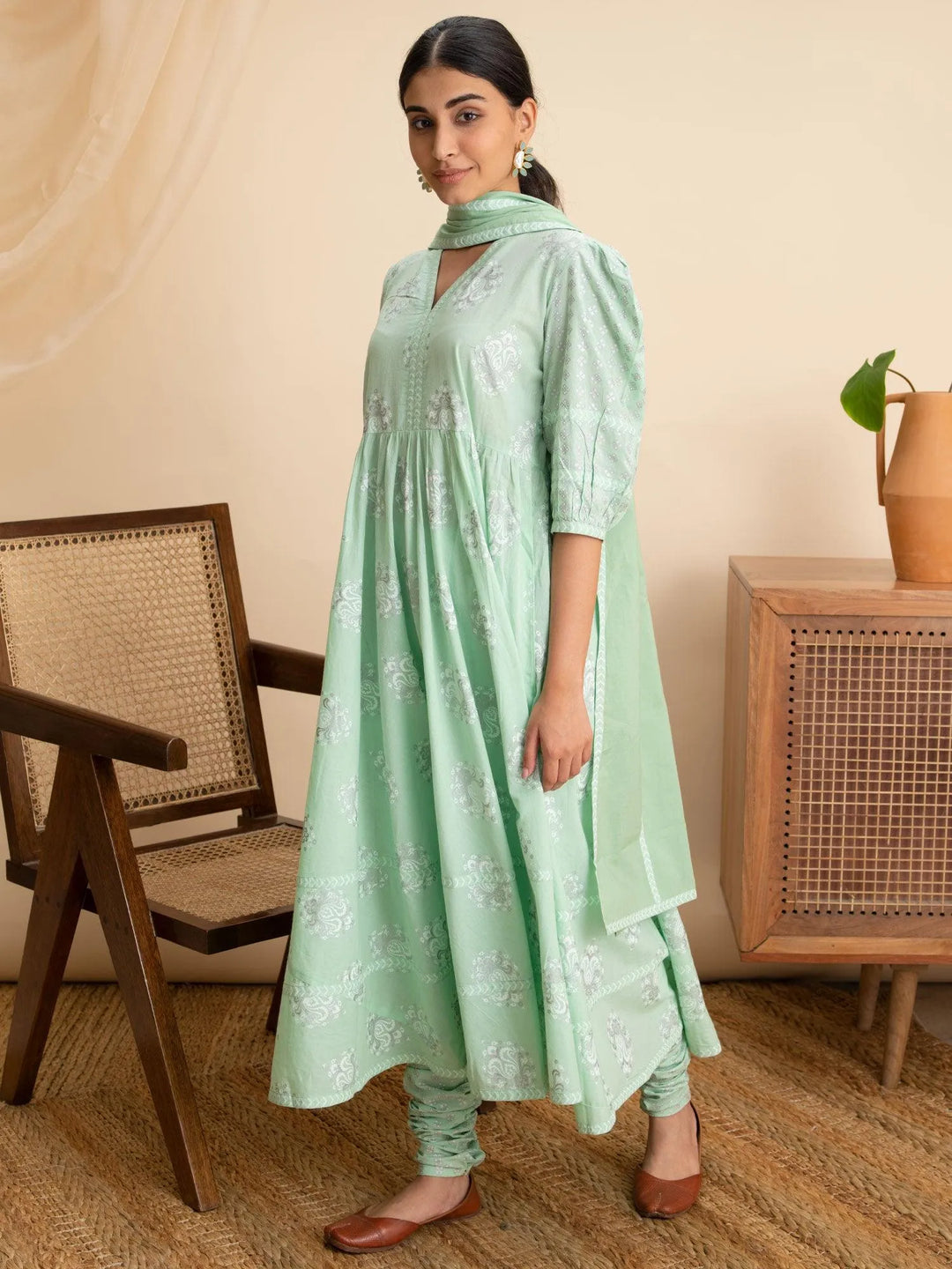 Green Printed Cotton Suit Set - Libas 