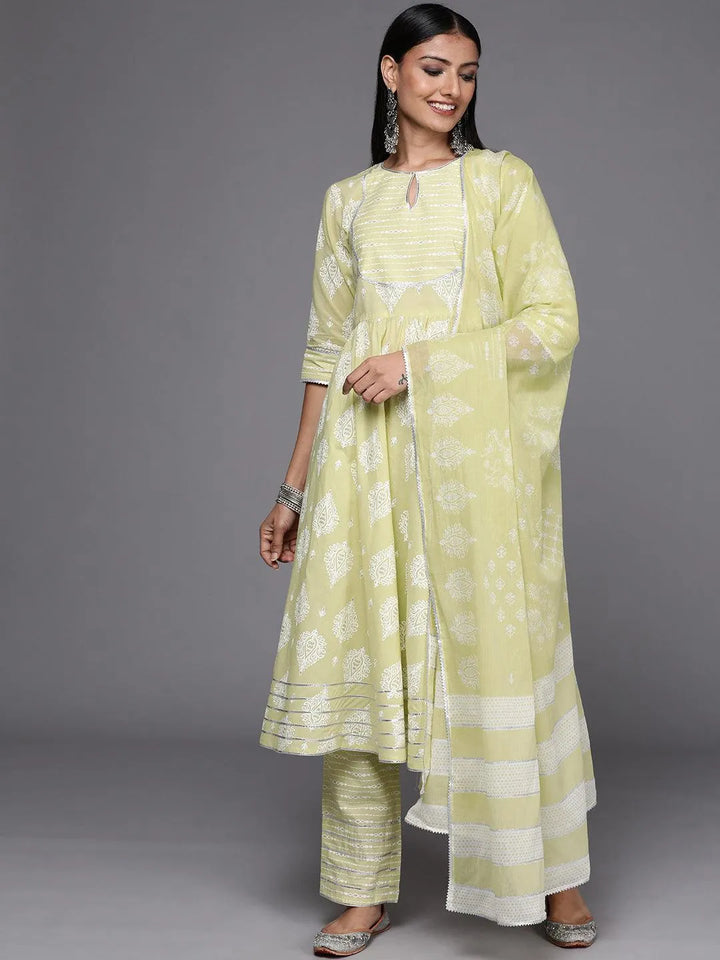 Green Printed Cotton Anarkali Suit Set - Libas