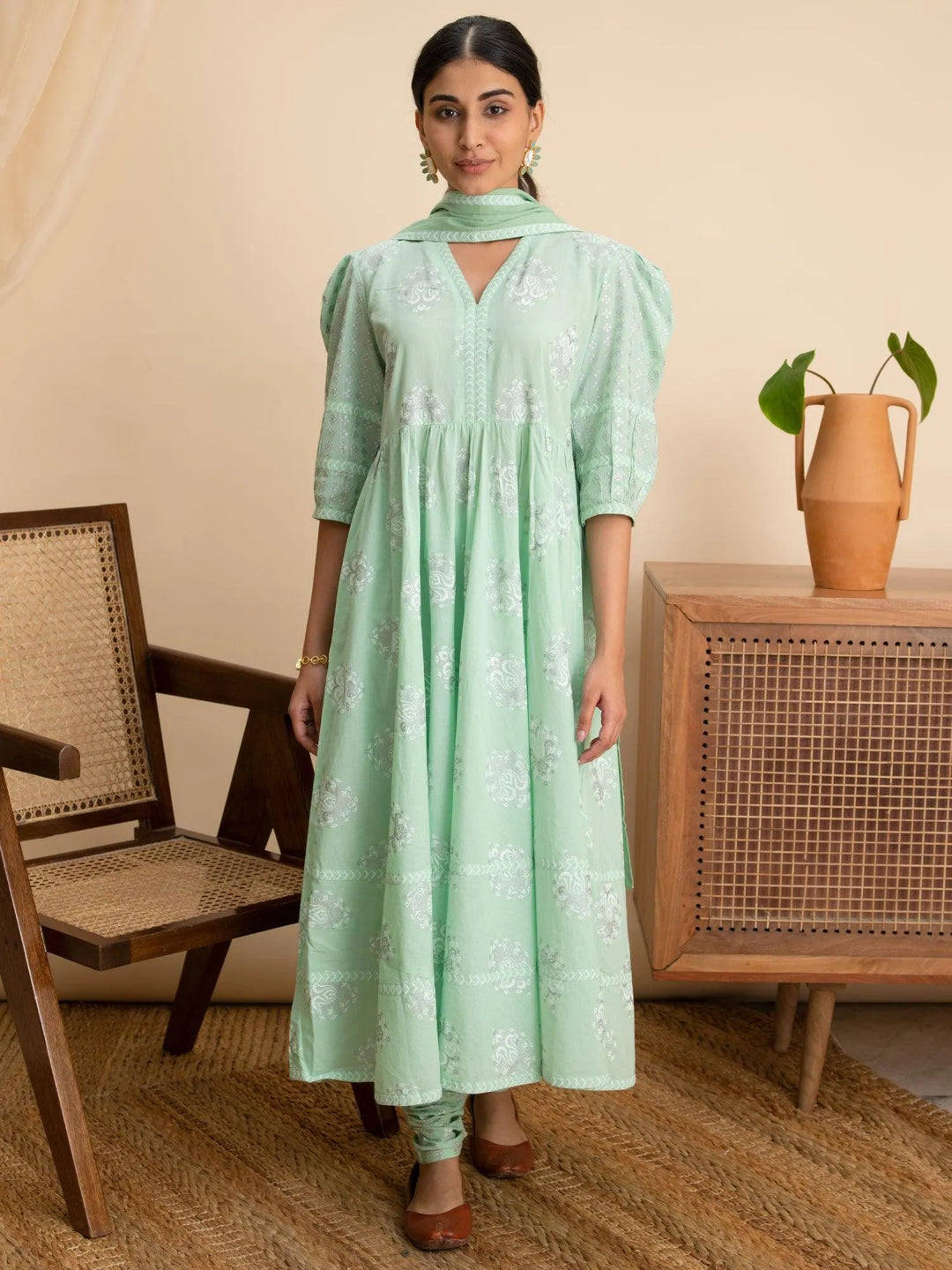 Green Printed Cotton Suit Set - Libas 