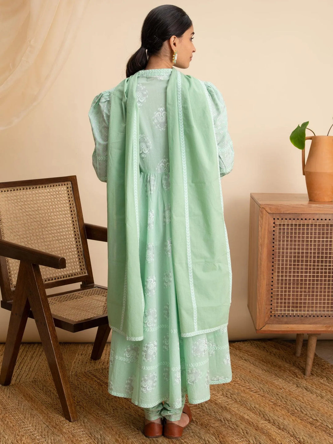 Green Printed Cotton Suit Set - Libas 