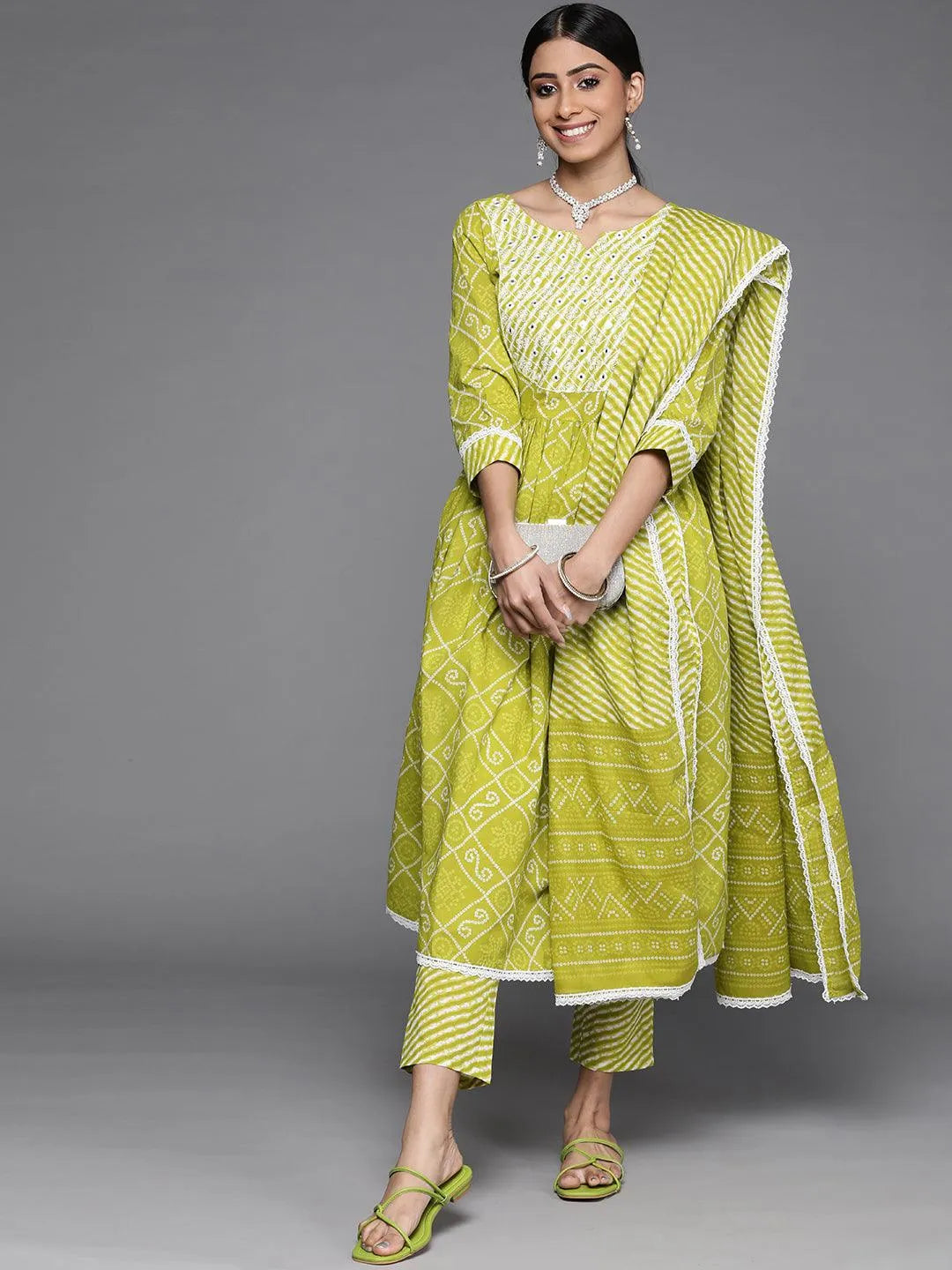 Green Printed Cotton Suit Set - Libas