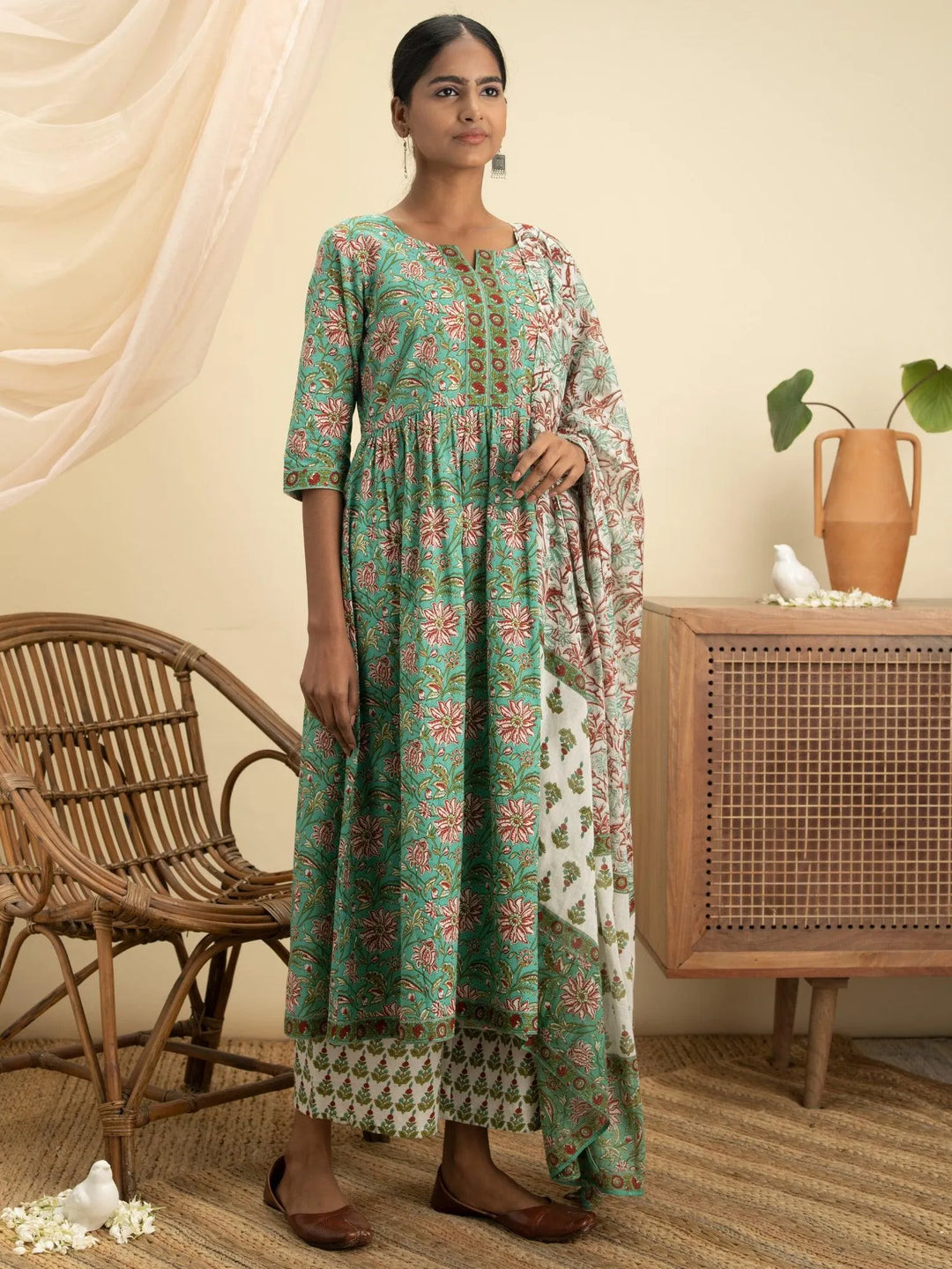 Green Printed Cotton Suit Set - Libas 